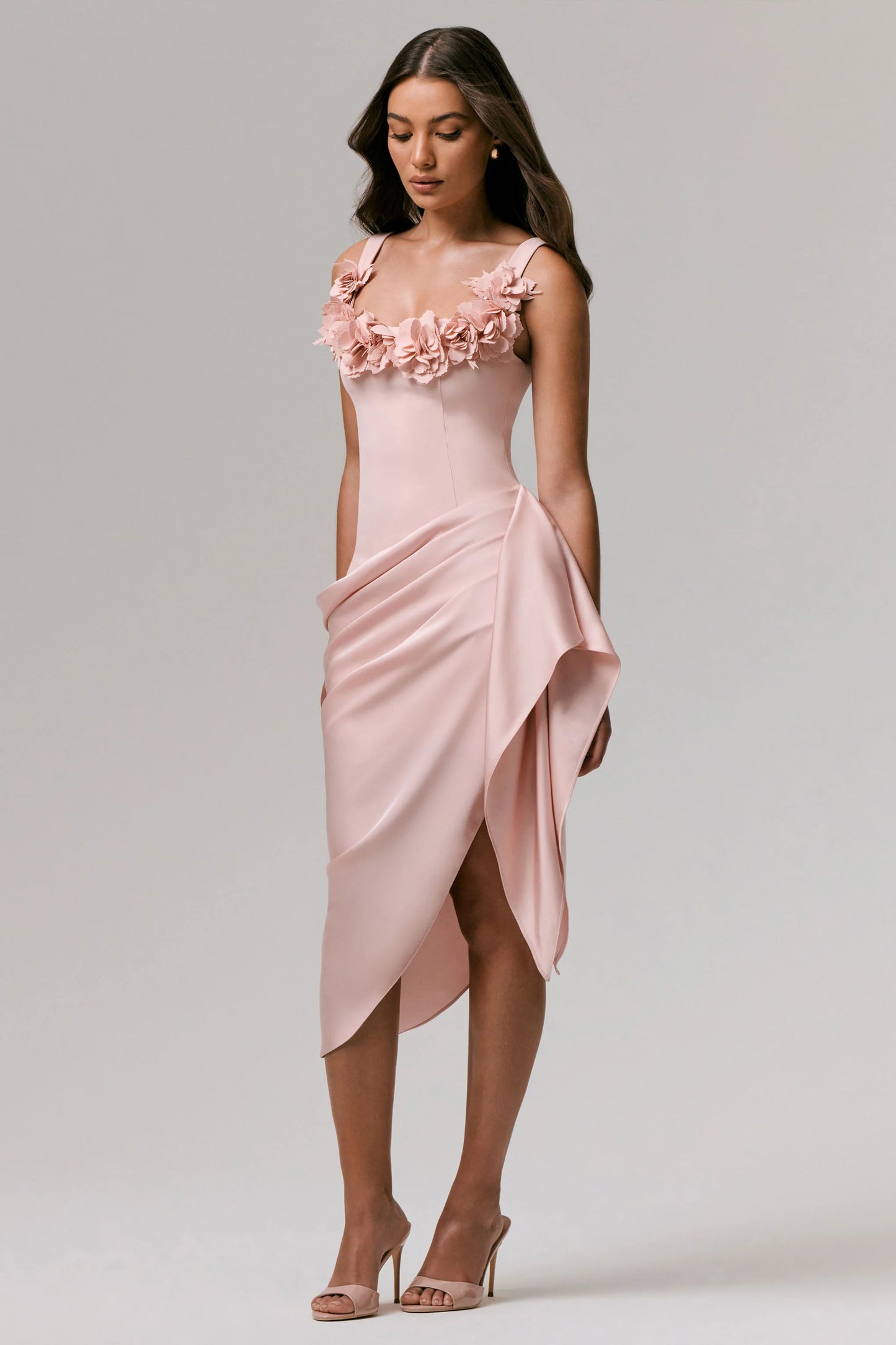 Letitia Pale Pink Square-Neck Floral Detailed Wrap Midi Dress