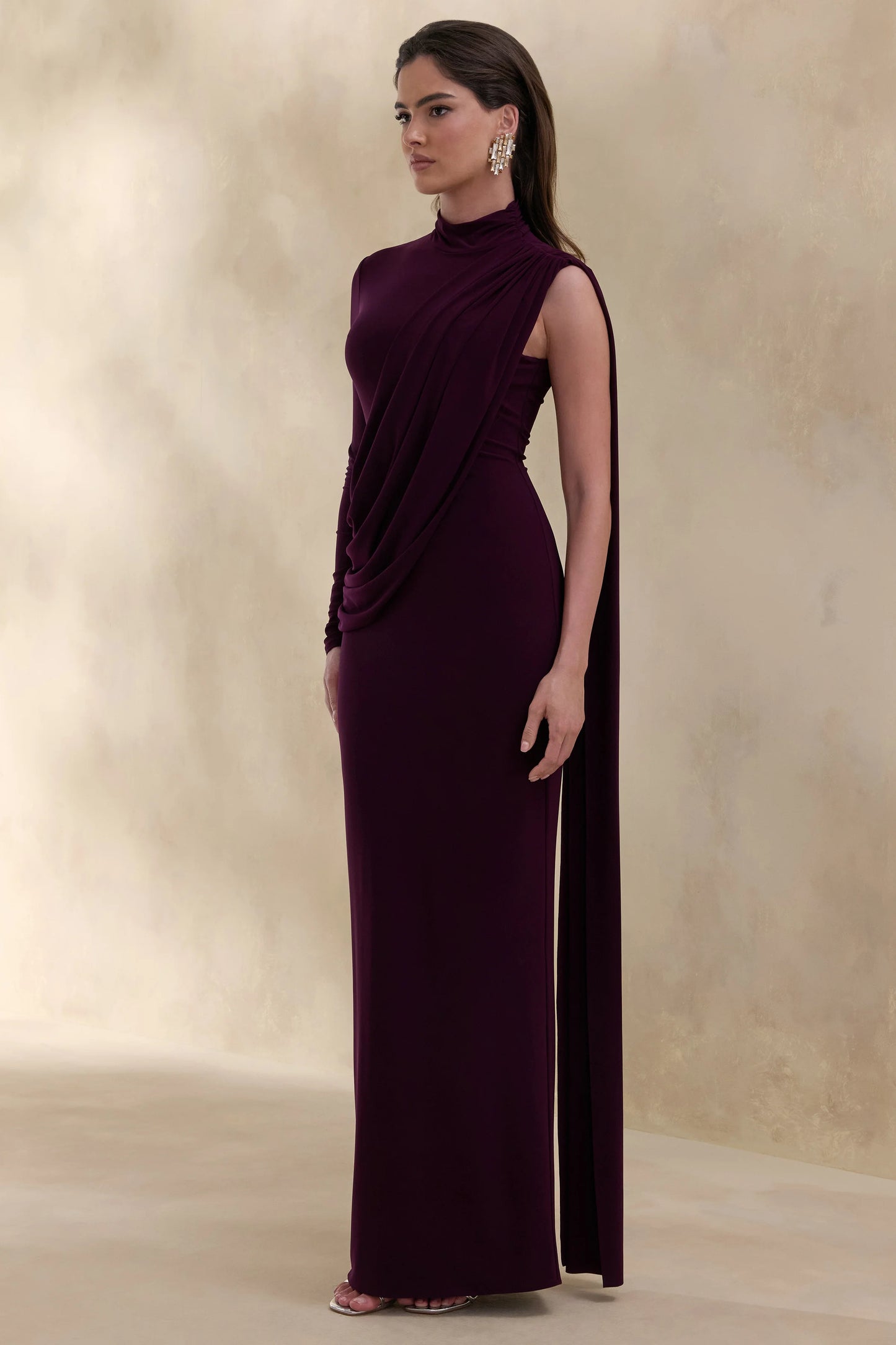 Oliria Dark Plum High-Neck Maxi Dress With One-Long Sleeve And Sash-Detail