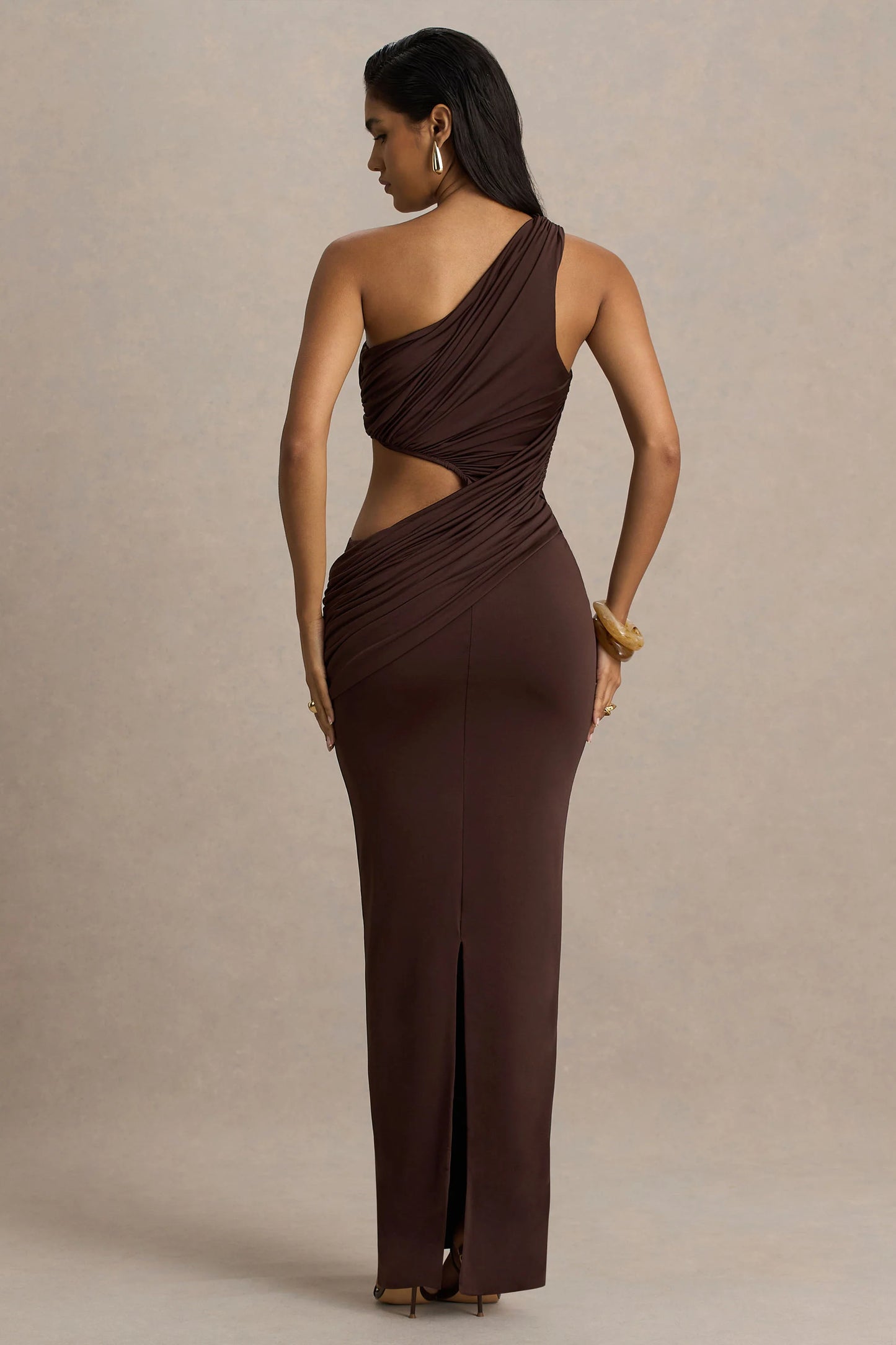 Serefine Brown Asymmetric-Neck Maxi Dress With Body Cut-Out