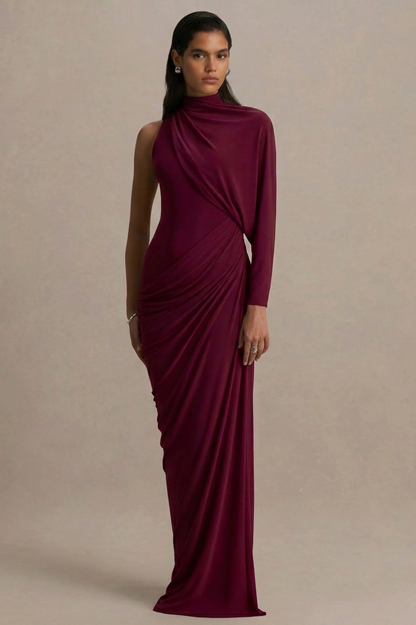 Aphra Burgundy High-Neck Maxi Dress With Cape-Sleeve