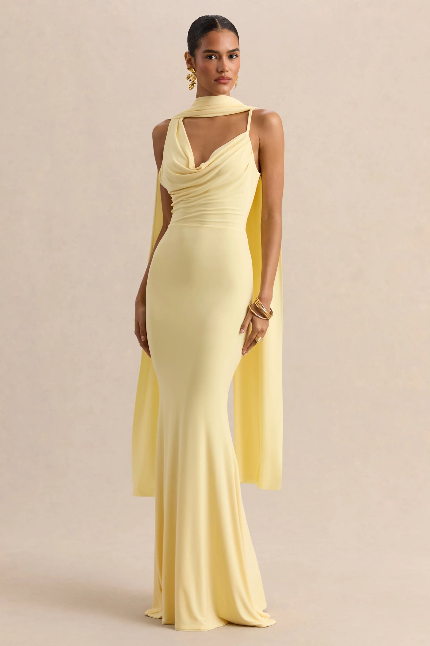 Armelia Lemon Cowl-Neck Maxi Dress With Scarf-Detail