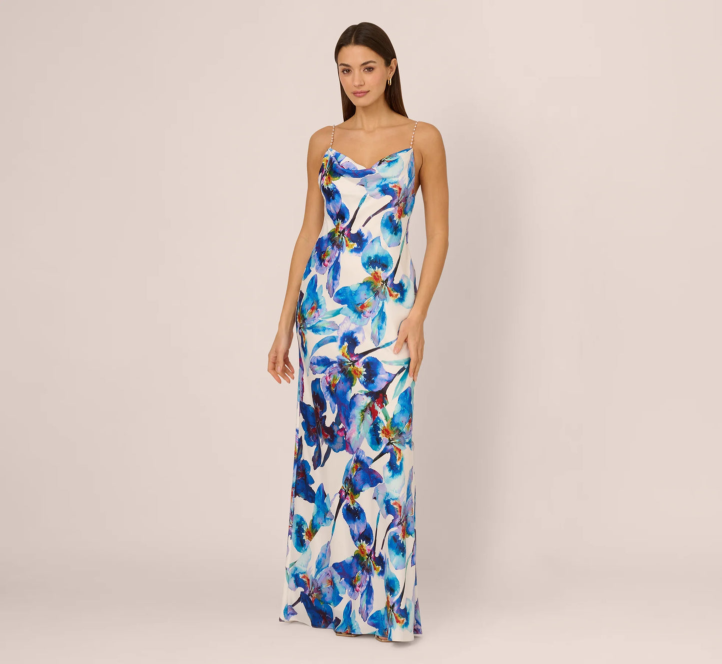 Embellished Strap Floral Satin Slip Dress In Blue Ivory Multi