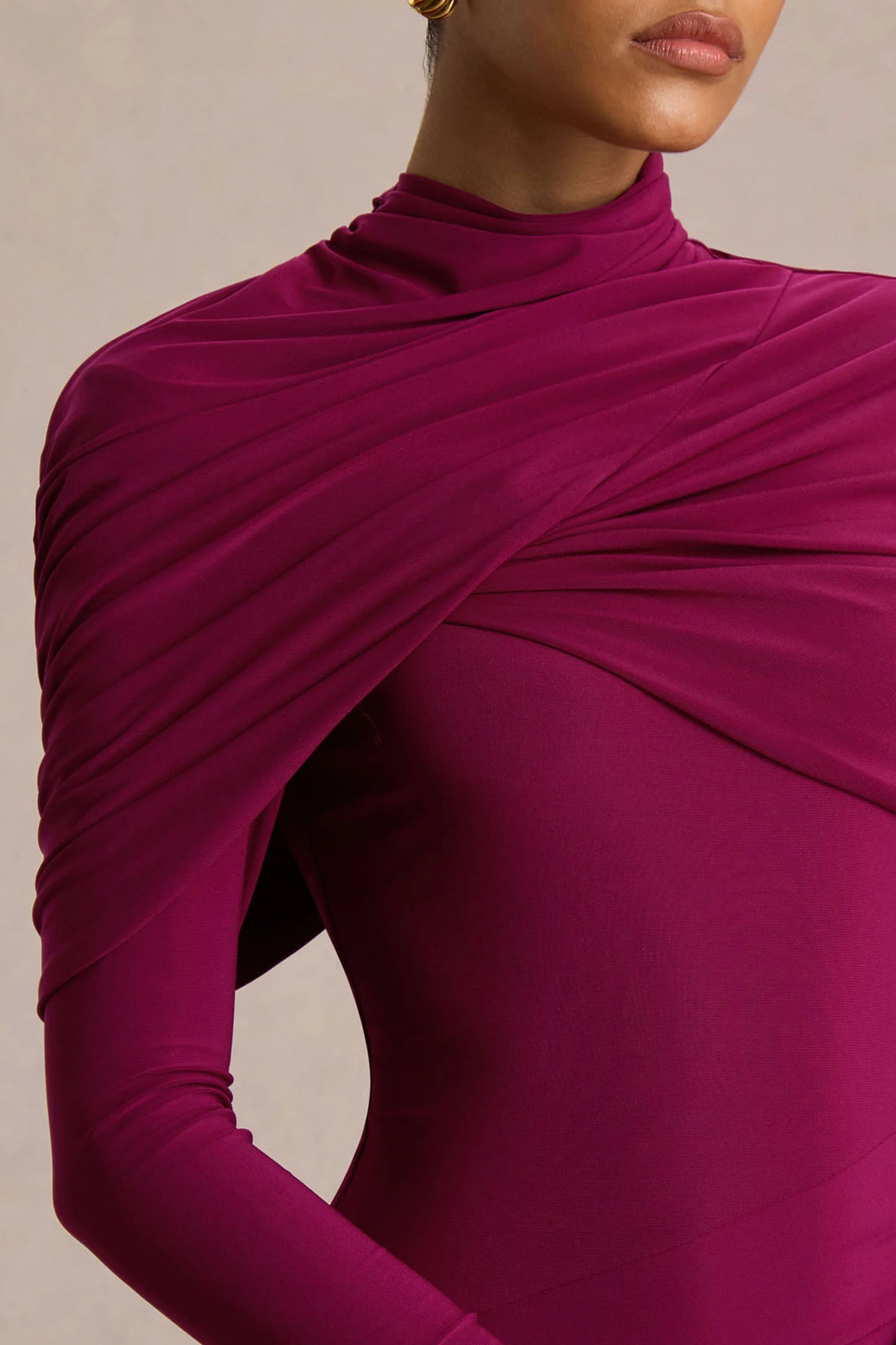 Aneira Burgundy High-Neck Maxi Dress With Cape Sleeves