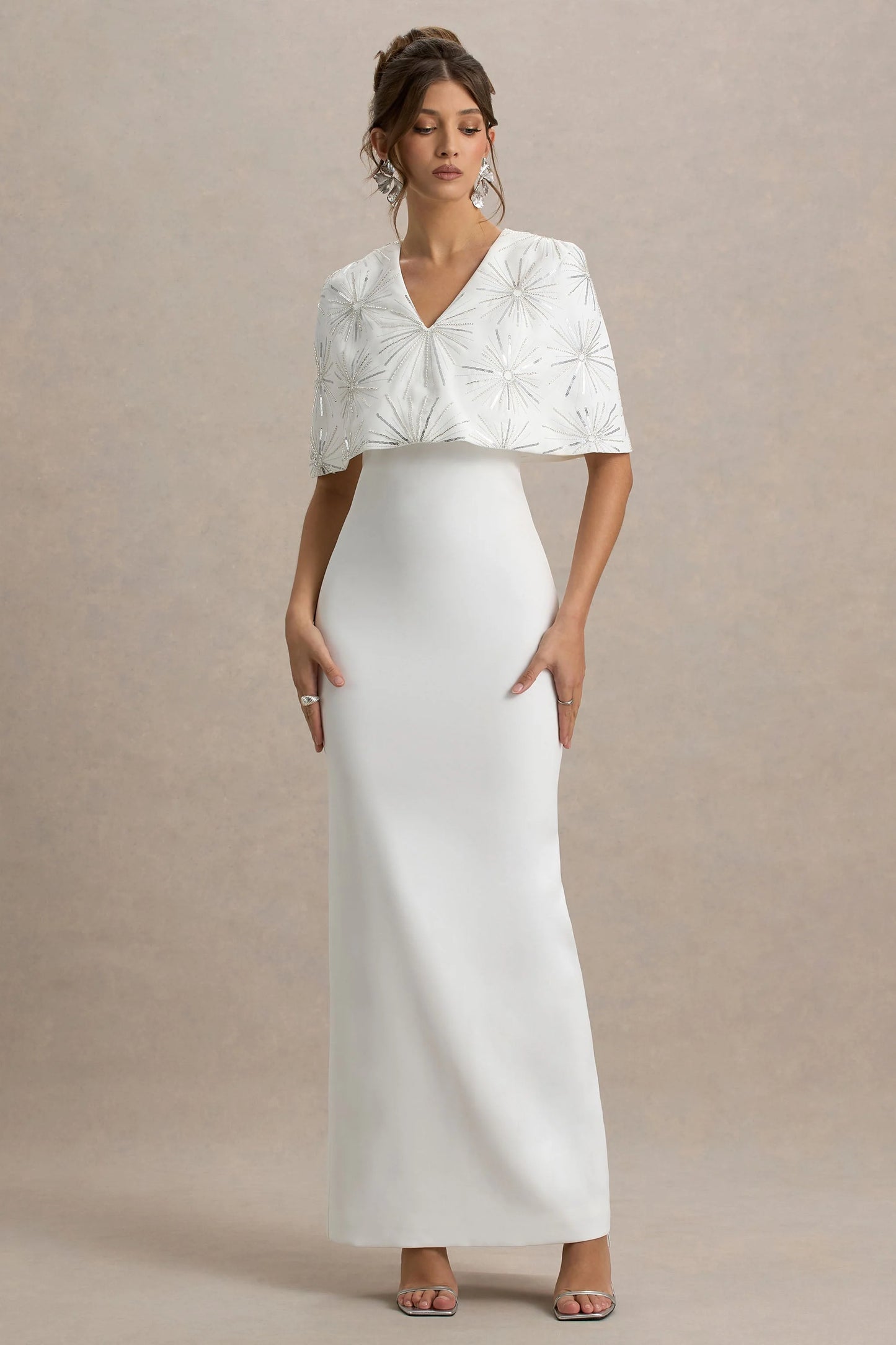 Agnella White Embellished V-Neck Maxi Dress