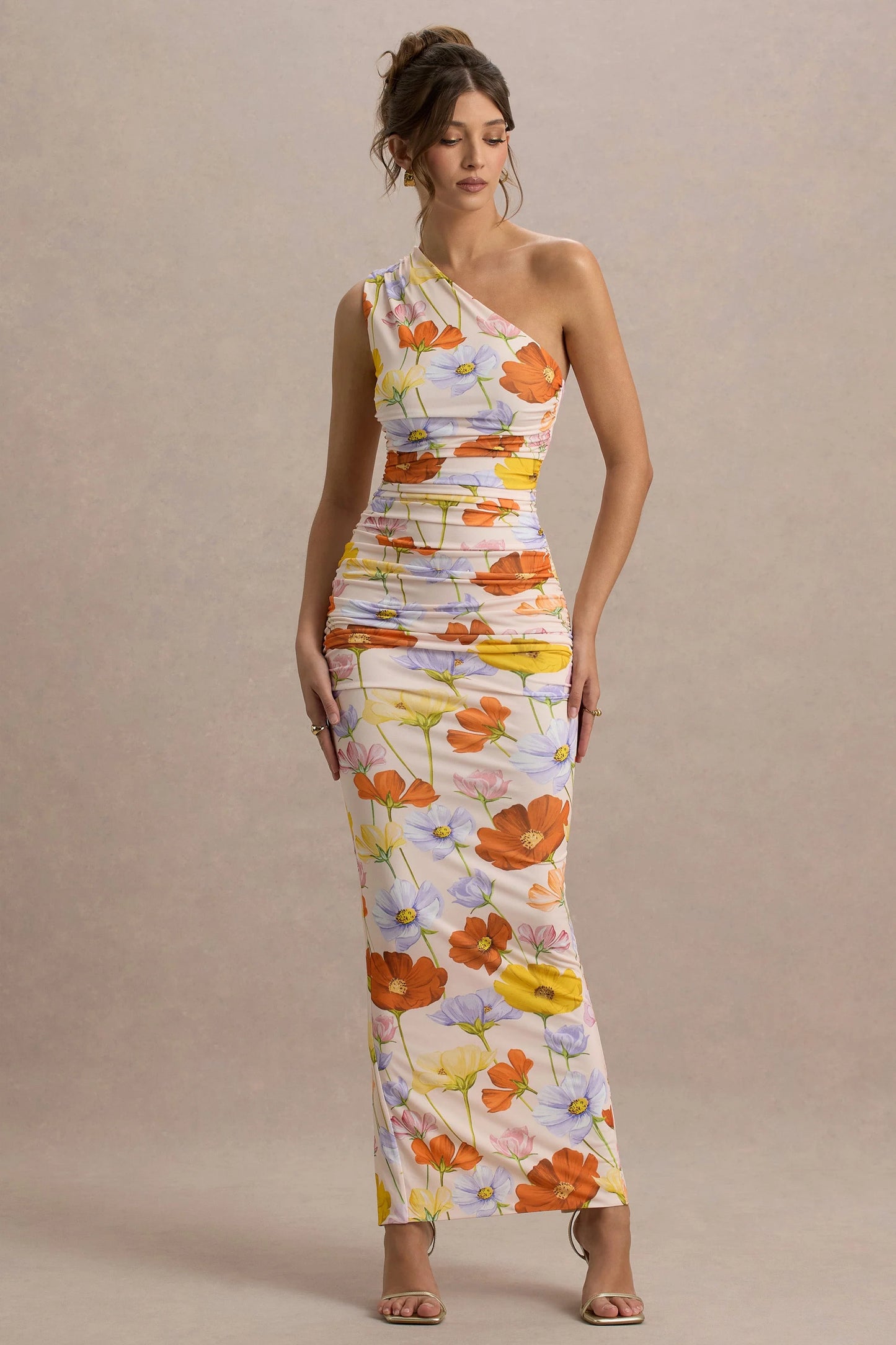 Dalarie Bright Floral Print One-Shoulder Gathered Maxi Dress