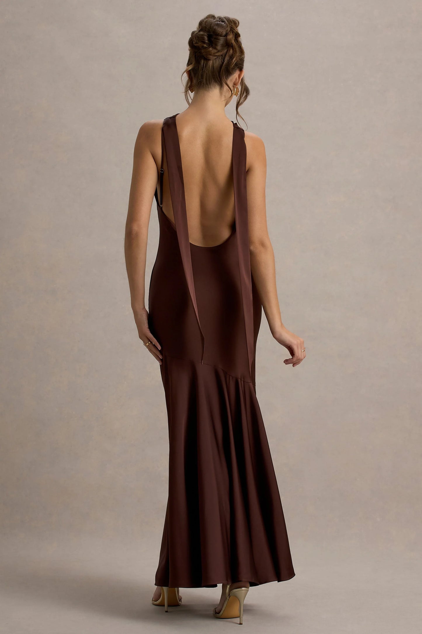 Amelita Brown Satin Cowl-Neck Maxi Dress
