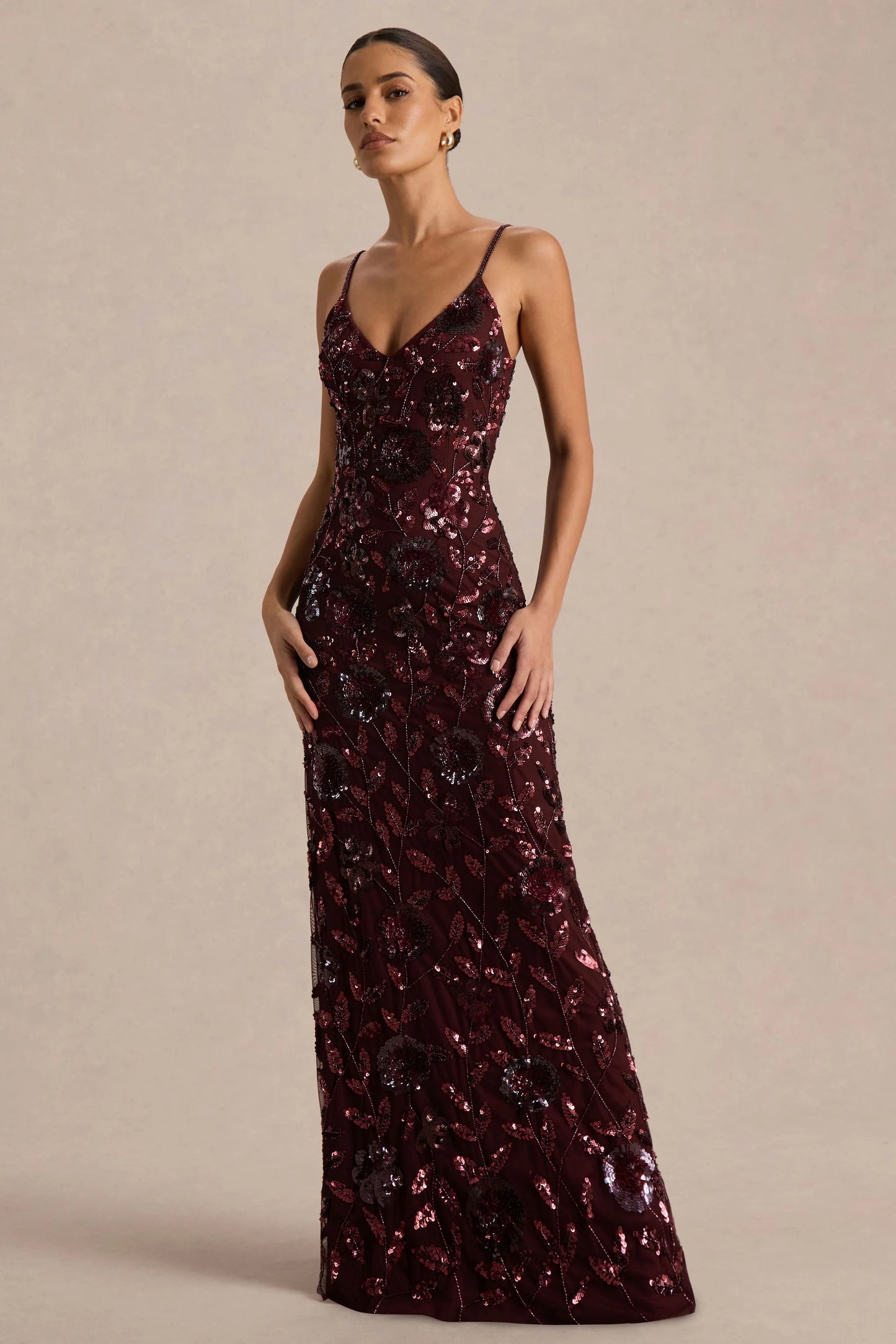 Gemini Burgundy Floral Sequin Embellished Strappy Maxi Dress