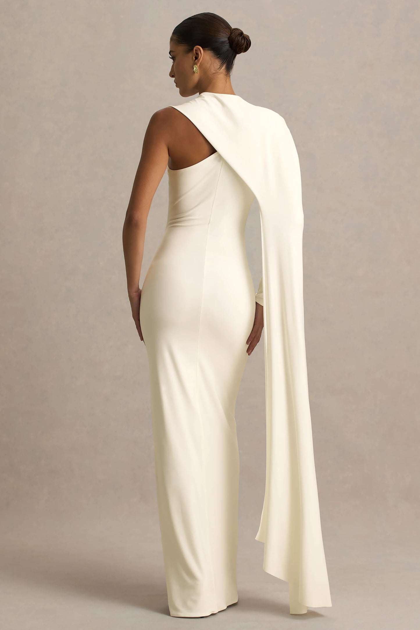 Dawn Cream High-Neck Maxi Dress With One Long Cape-Sleeve