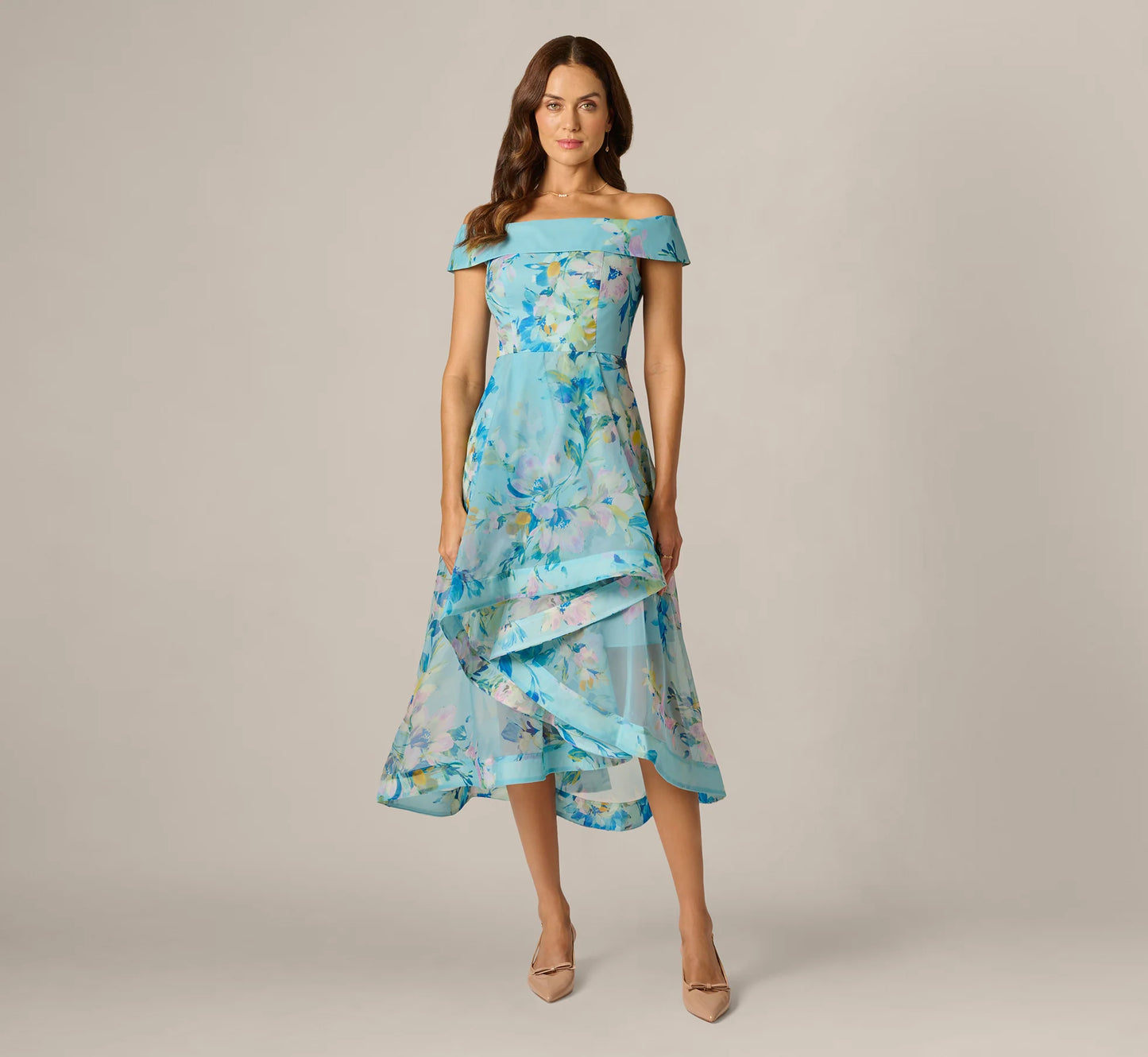 Off Shoulder Floral Organza High Low Midi Dress In Blue Multi
