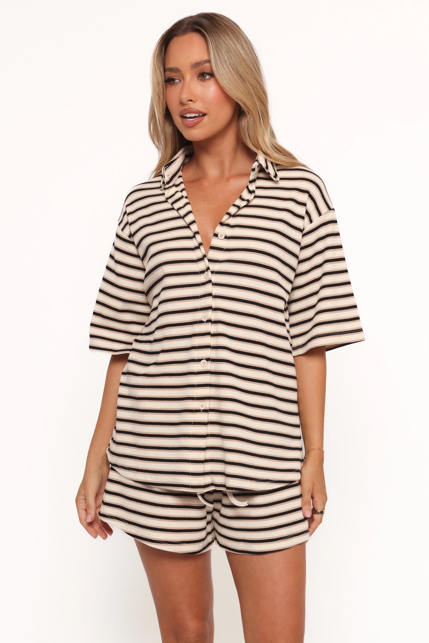 Alden Cotton Knit Set - Beige Black Stripe