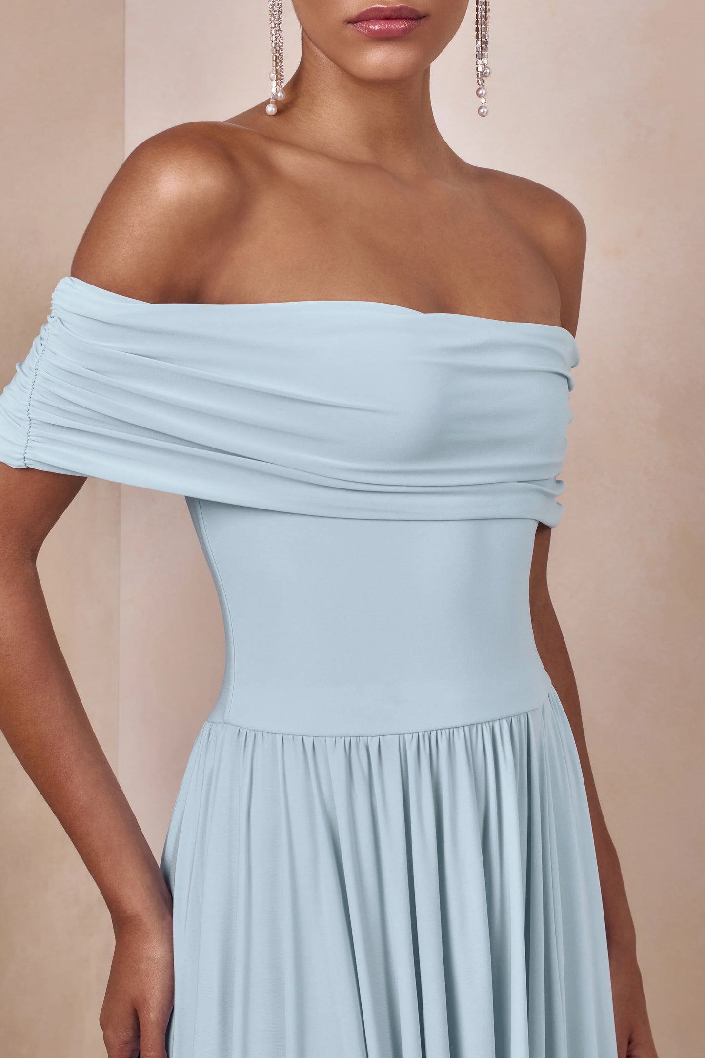Cindie Powder Blue Bardot-Neck Maxi Dress