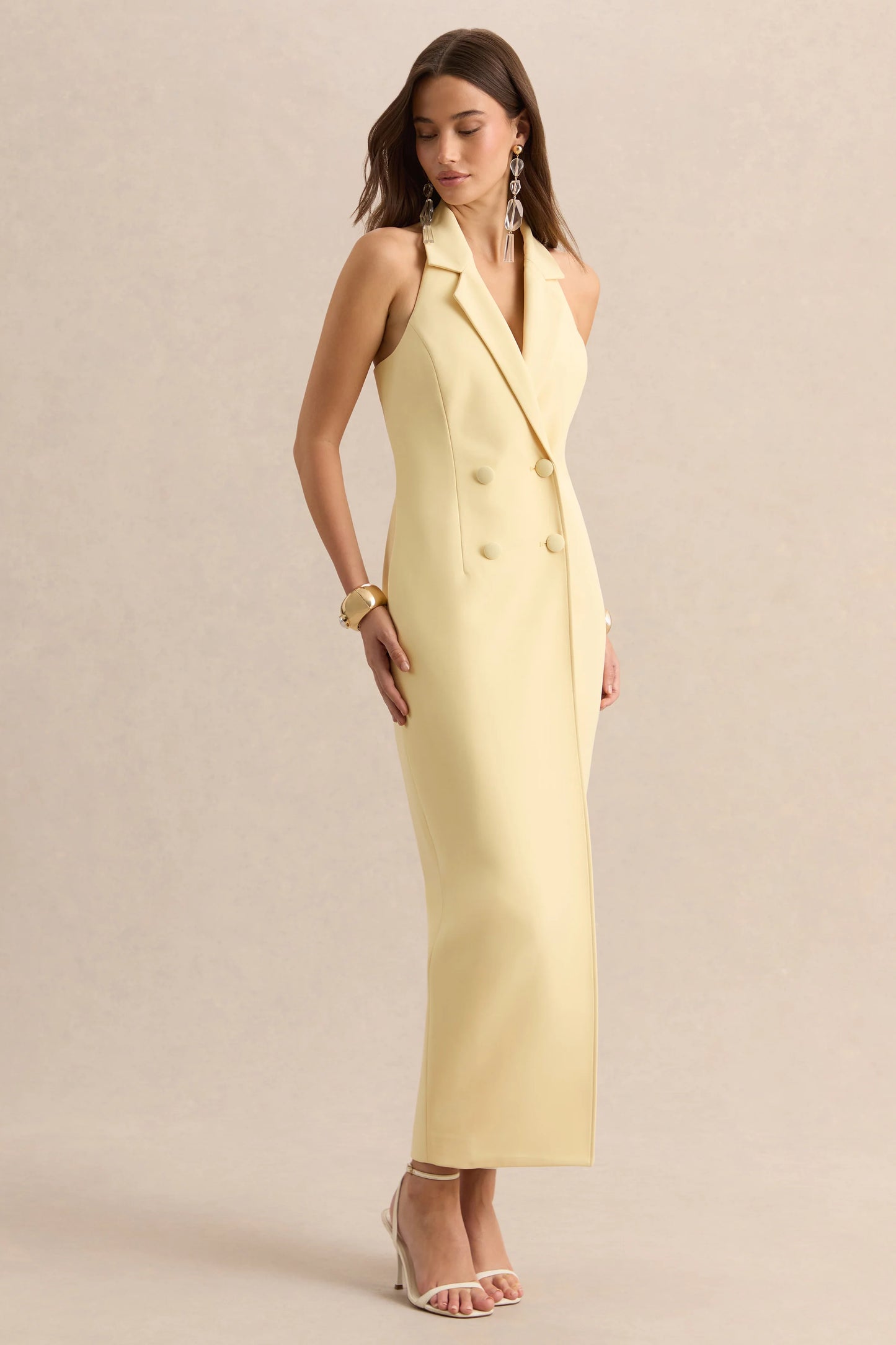 Hana Lemon Plunge-Neck Tailored Maxi Dress