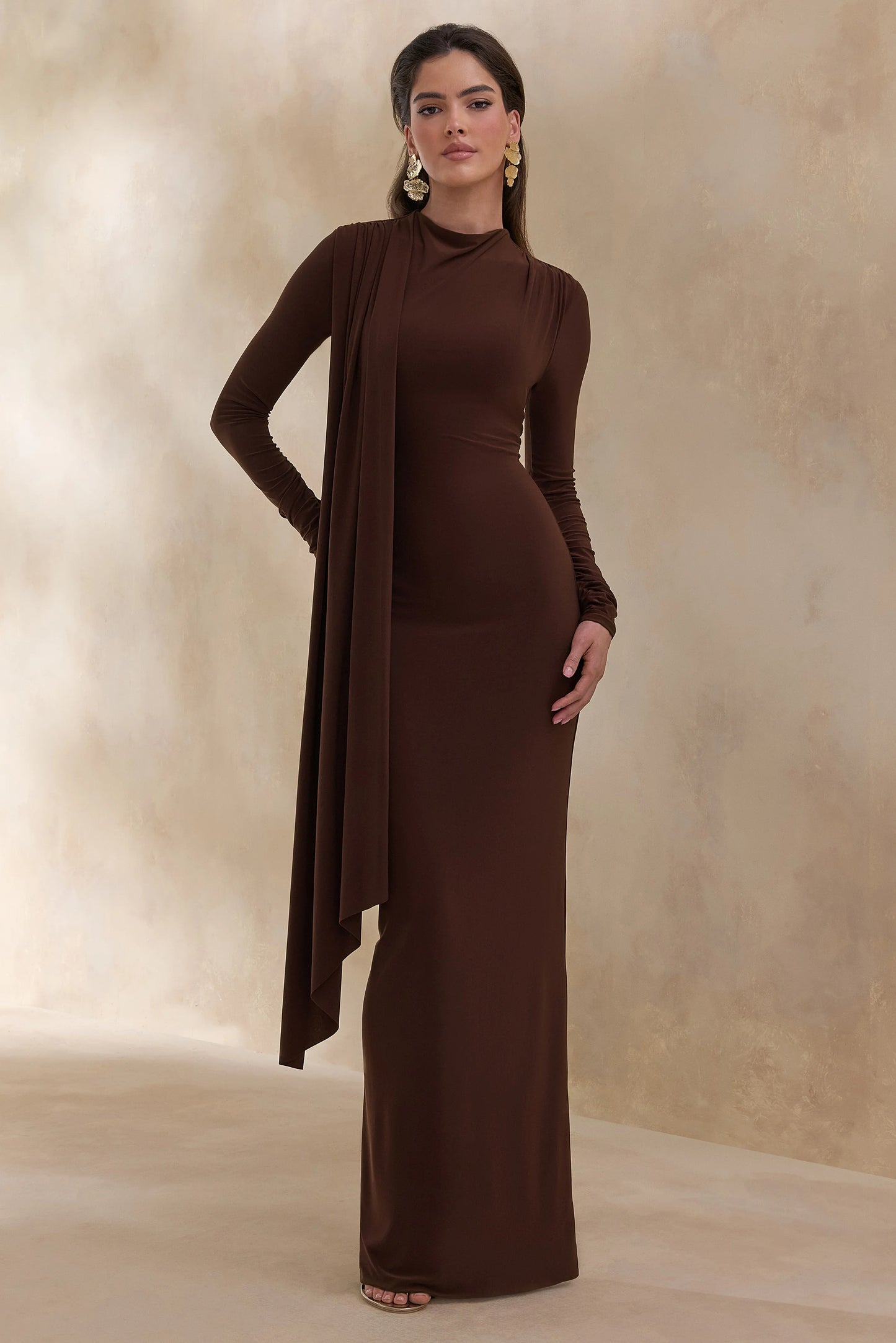 Amaria Brown High-Neck Maxi Dress With Sash-Detail