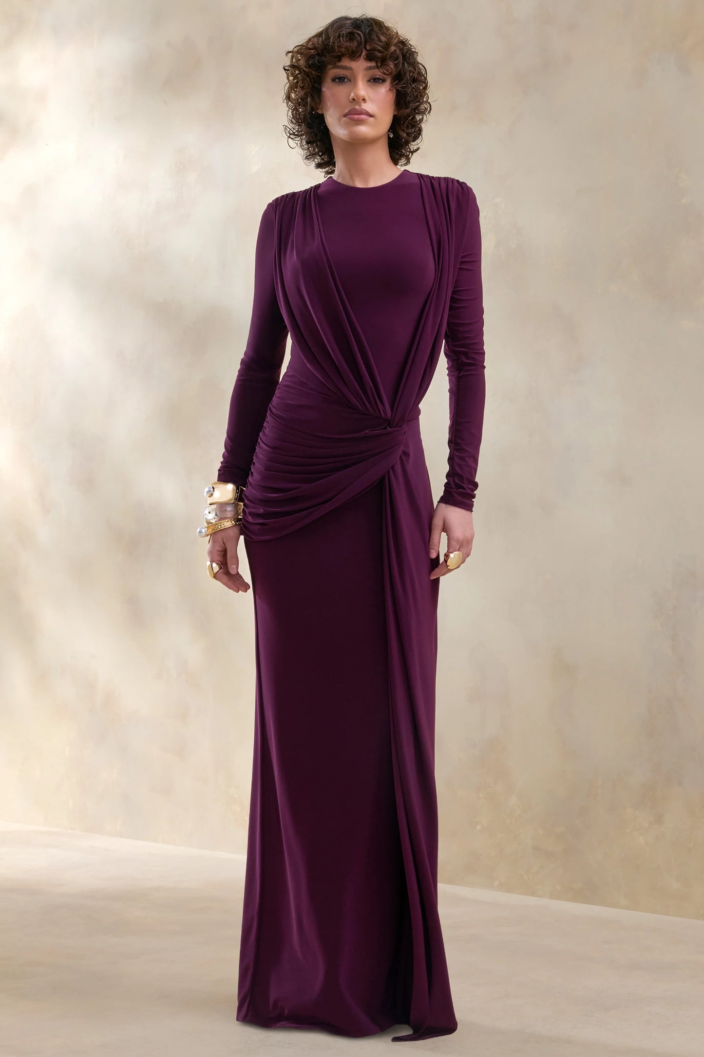 Desirelle Plum Crew-Neck Maxi Dress With Gathered-Detailing