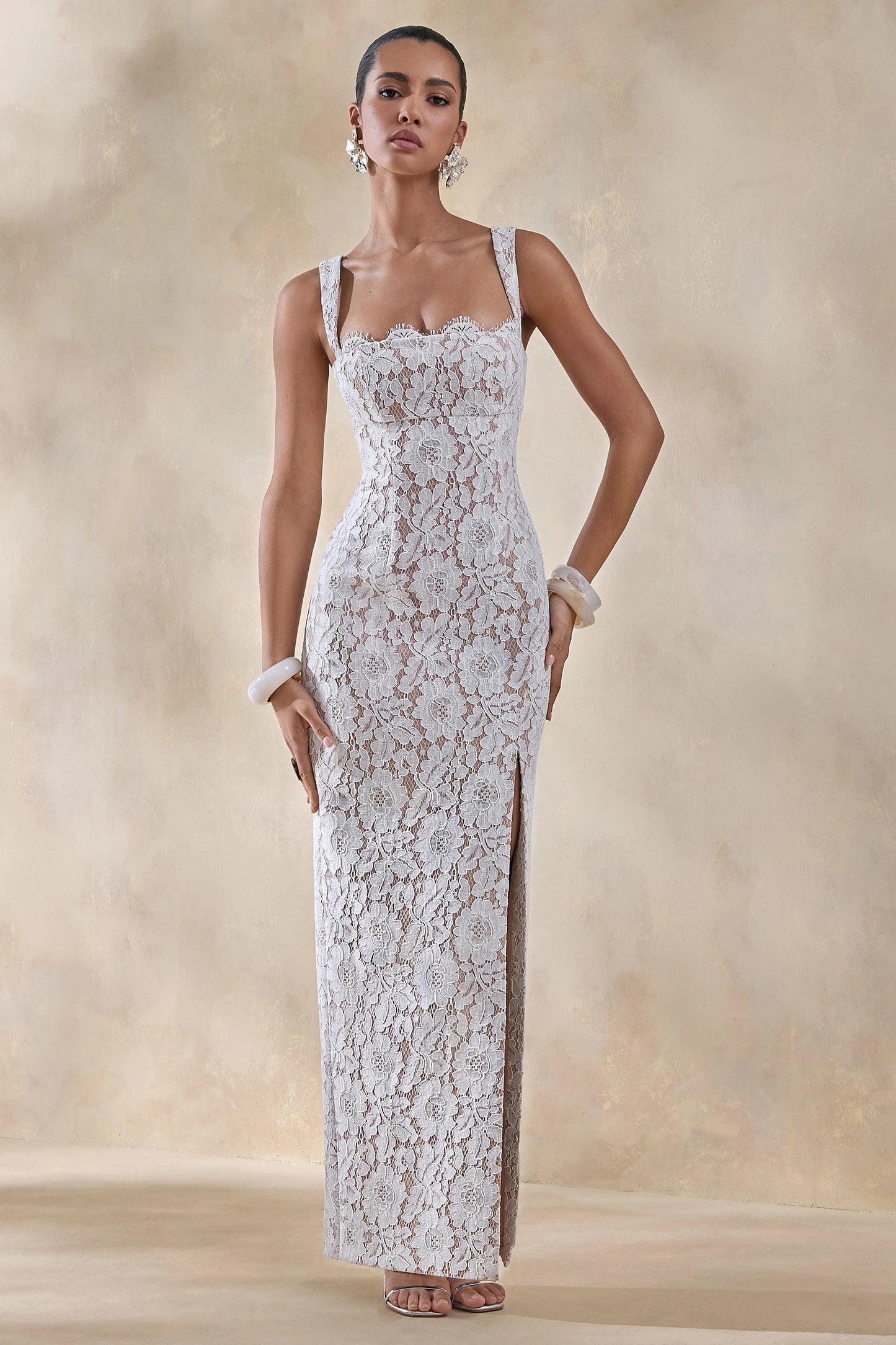 Zarisse White Lace Square-Neck Maxi Dress