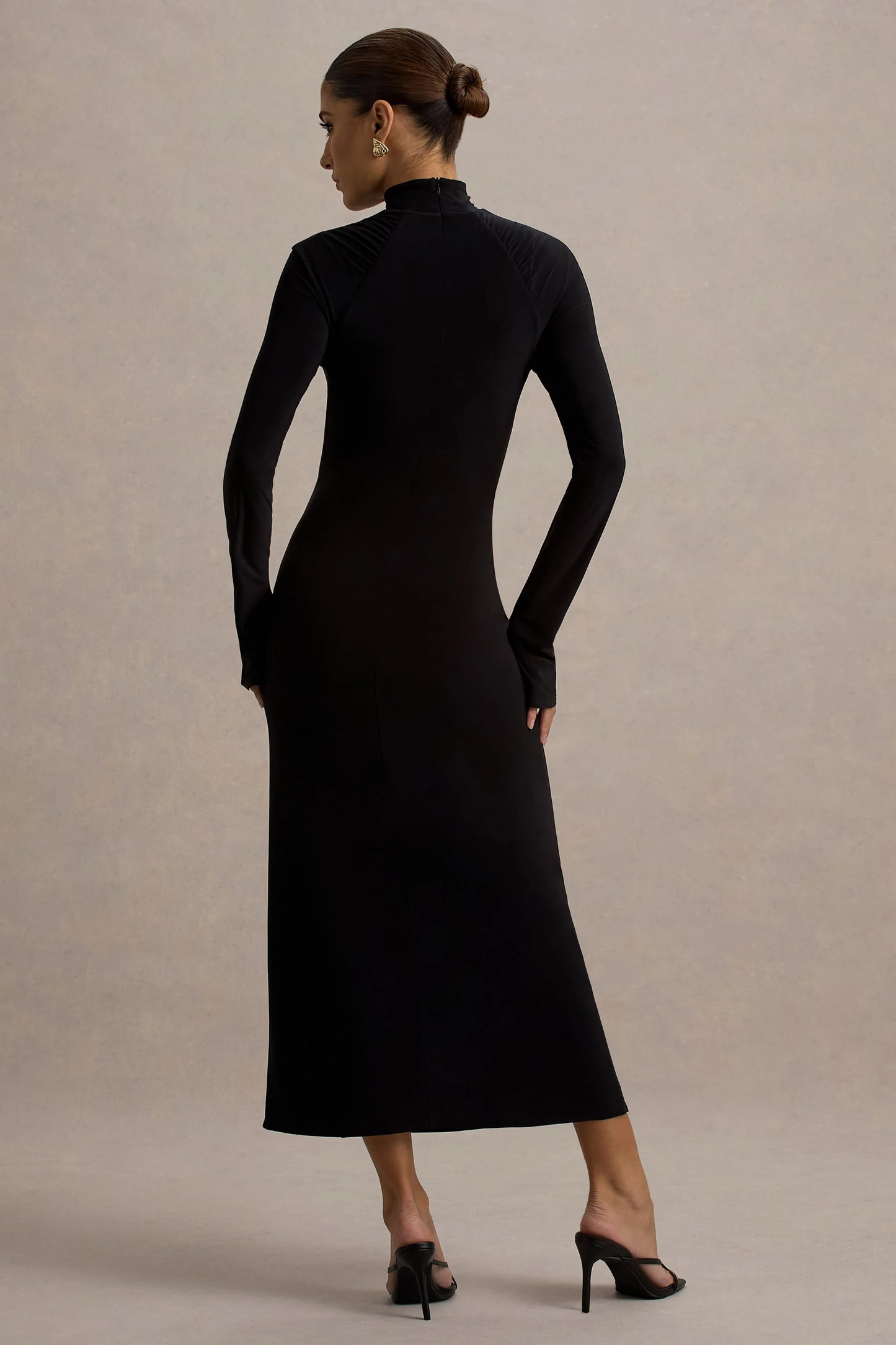 Cassandra Black High-Neck Long-Sleeve Midi Dress