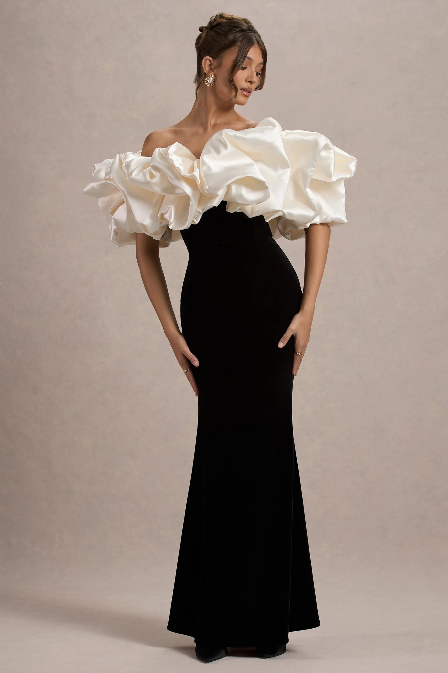 Cecily Black Velvet Bardot Maxi Dress With Satin Ruffle Trim