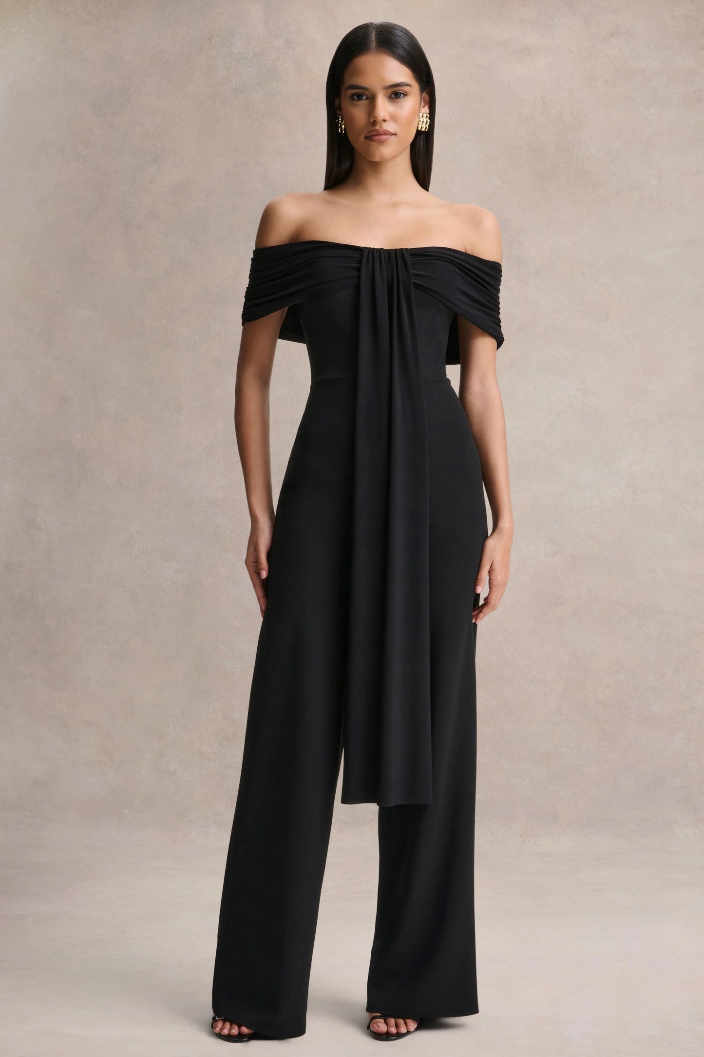 Kalida Black Bardot-Neck Jumpsuit With Sash-Detail