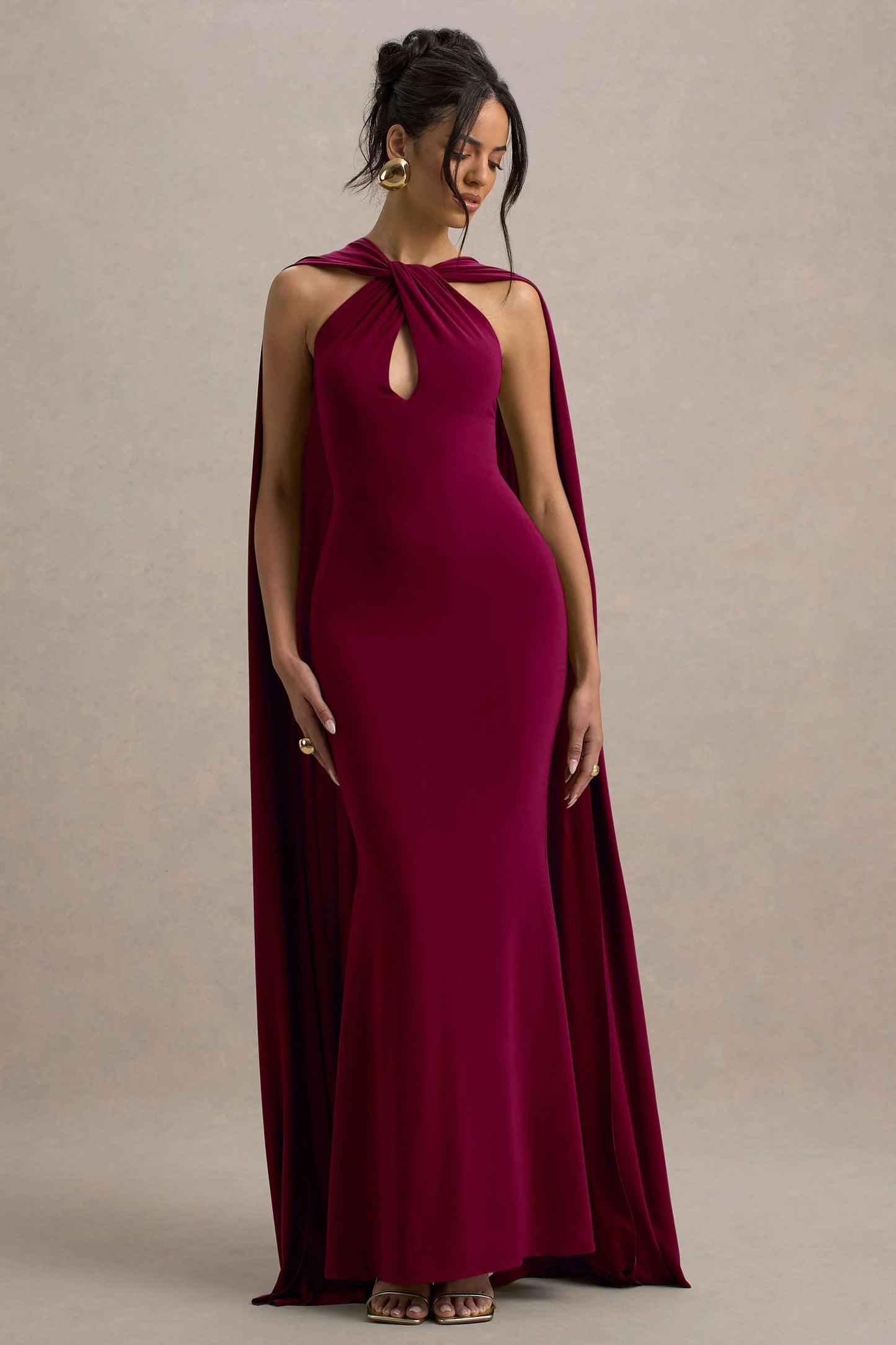 Rhoda Burgundy Twist Halter-Neck Cape Maxi Dress
