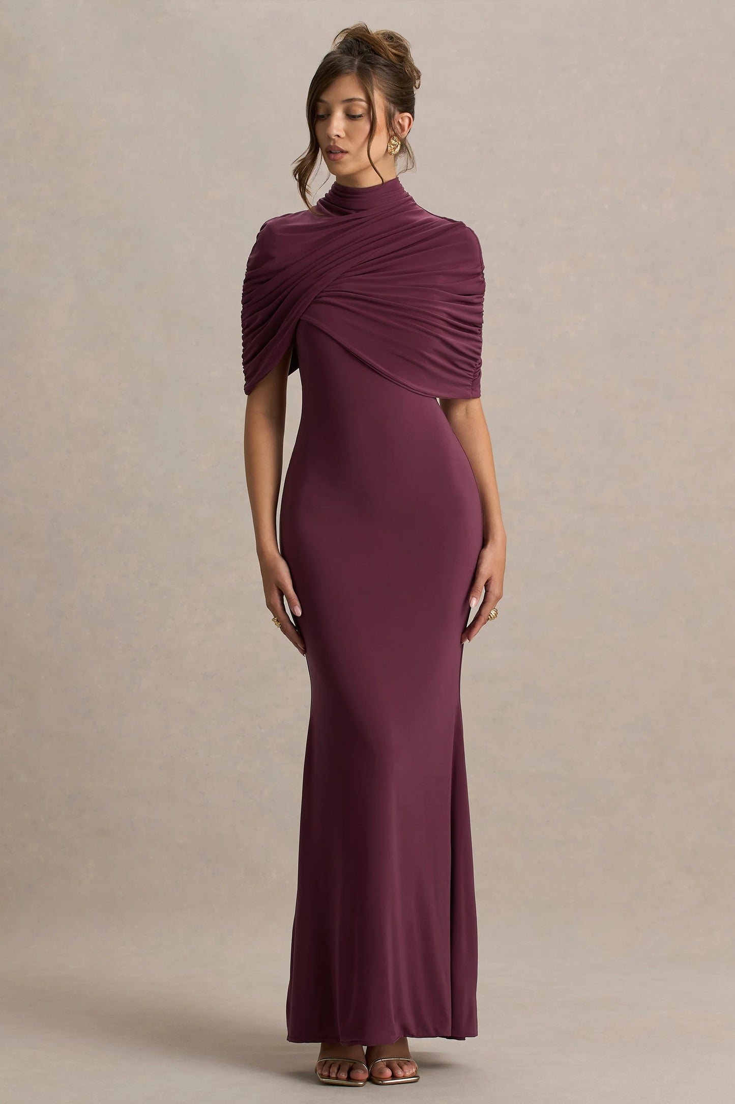 Cleora Burgundy Twist Cape Maxi Dress