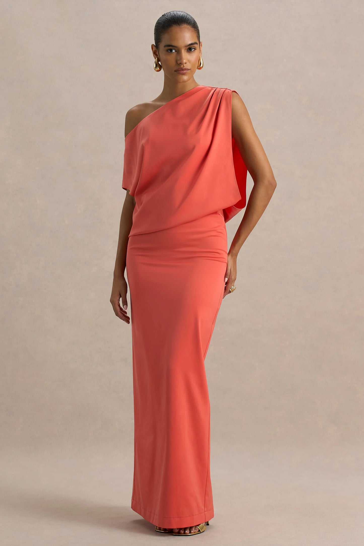 Ronnie Coral Satin Asymmetric-Neck Maxi Dress With Draping Detail