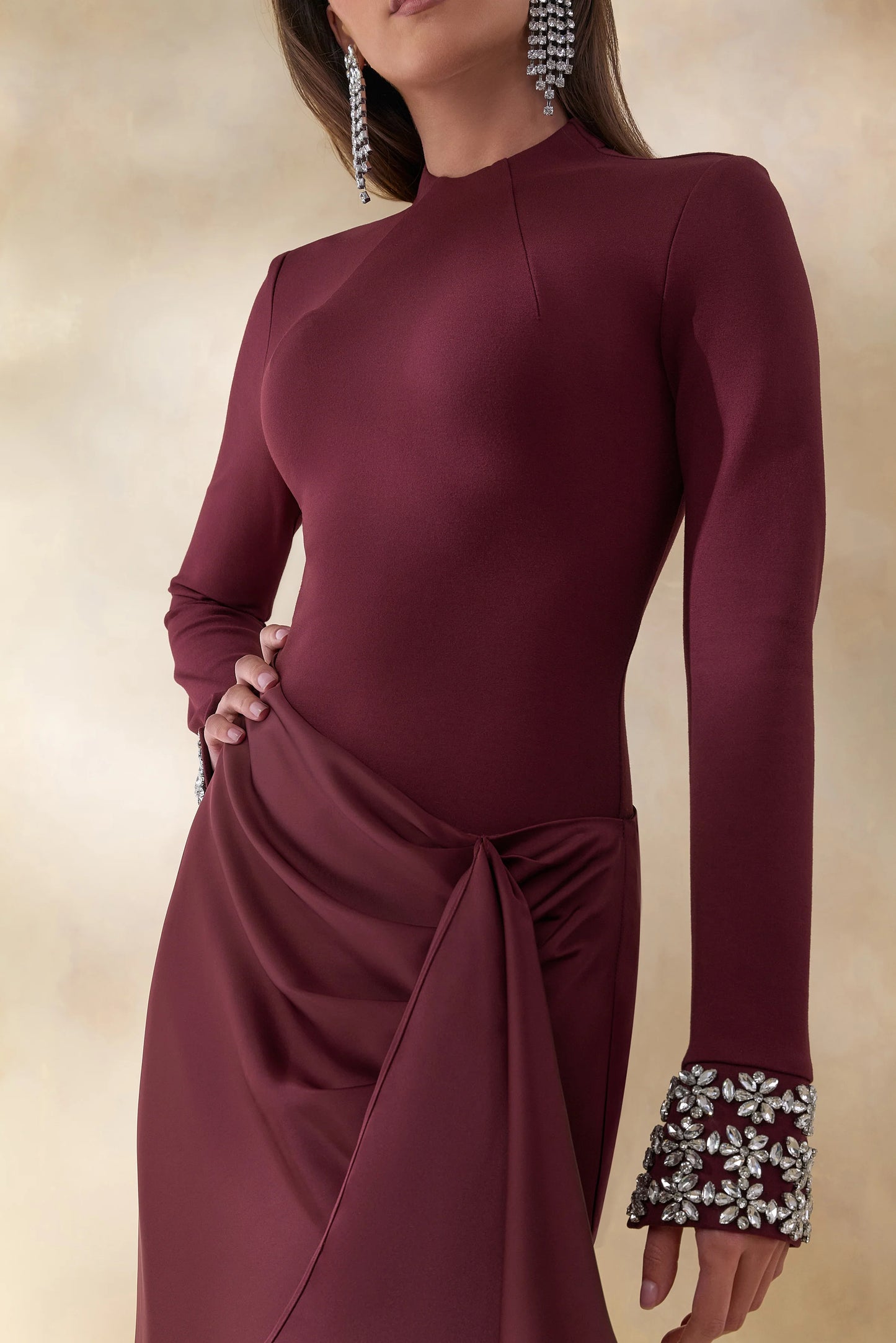 Starred Burgundy Crew-Neck Maxi Dress With Drop-Waist And Satin Wrap-Skirt