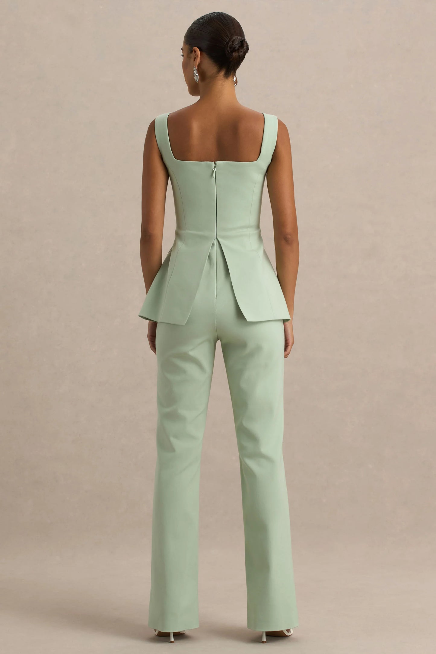 Aceline Light Green Square-Neck Tailored Jumpsuit