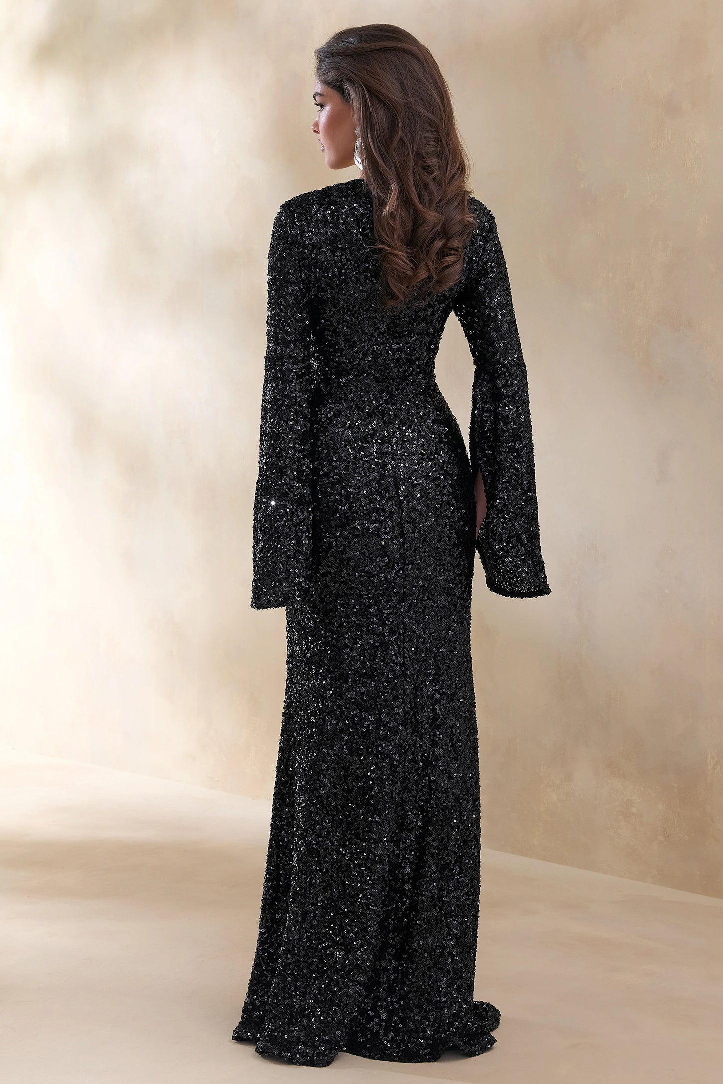 Romea Black Sequin High-Neck Maxi Dress With Cape Sleeves