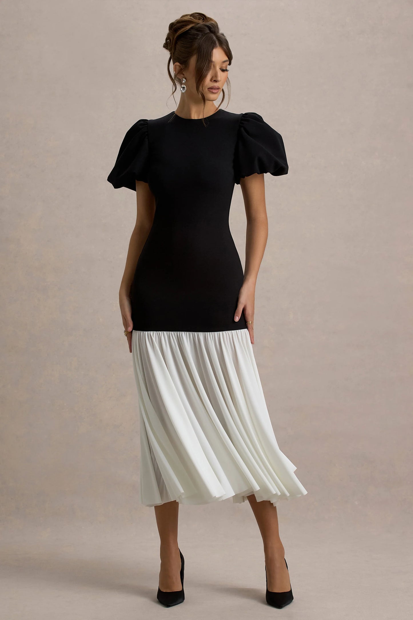 Cinzia Black & White Puff-Sleeve Volume-Hem Midi Dress