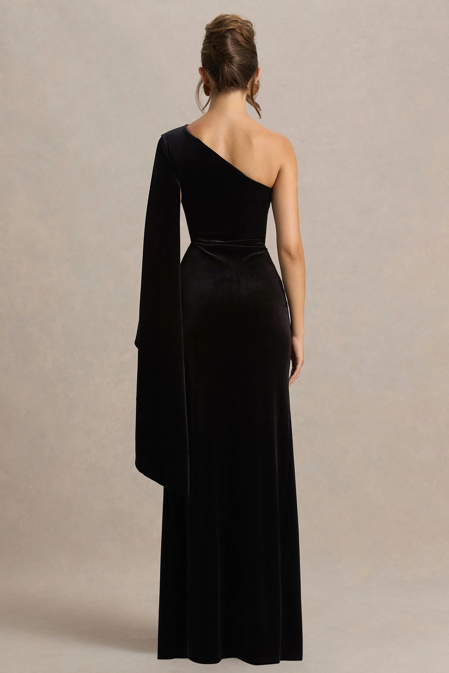Camilla Black Velvet Asymmetric-Neck Maxi Dress With Ruched Detailing
