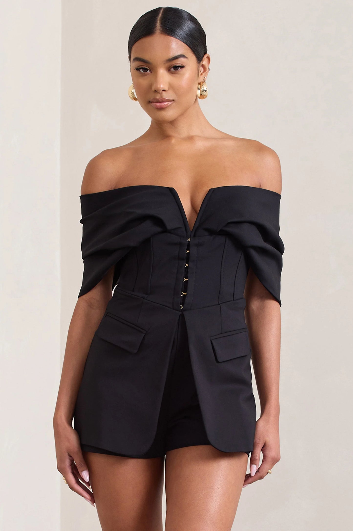 Damsel Black Cotton-Blend Corset Bardot Playsuit