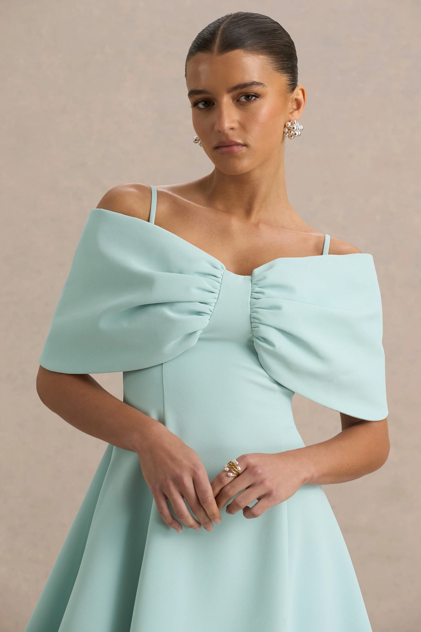 Faria Light Blue Short-Sleeve Bardot Mini Dress With Bow Detail