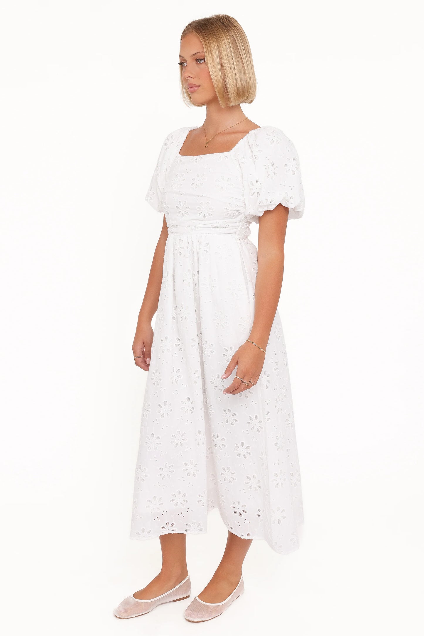 Clo Puff Sleeve Midi Dress - White Broderie