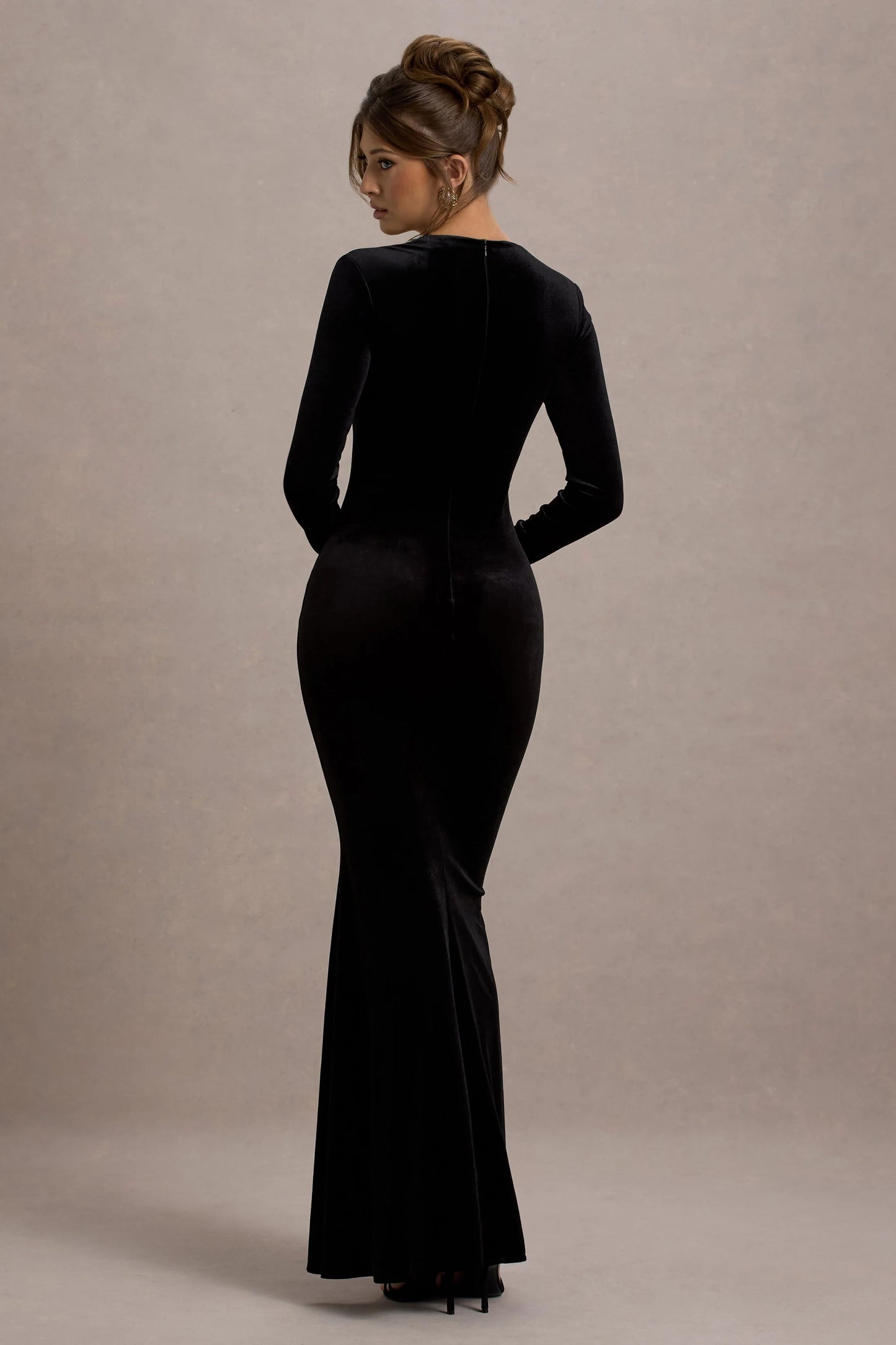 Morana Black Velvet Square-Neck Long-Sleeve Maxi Dress