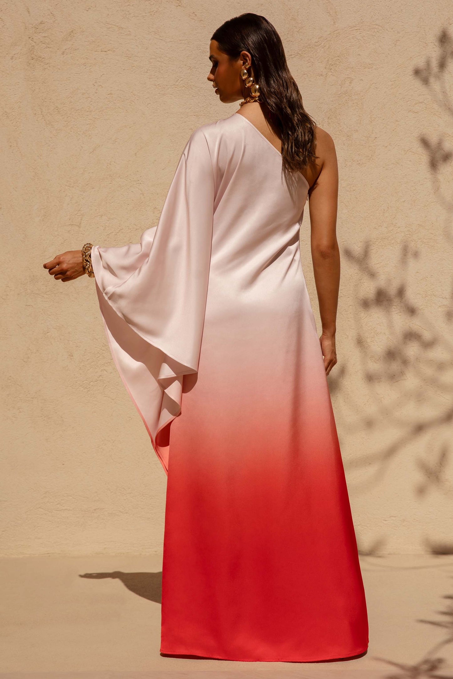 Jayla Red Ombre Satin Asymmetric Maxi Dress With Long-Sleeve