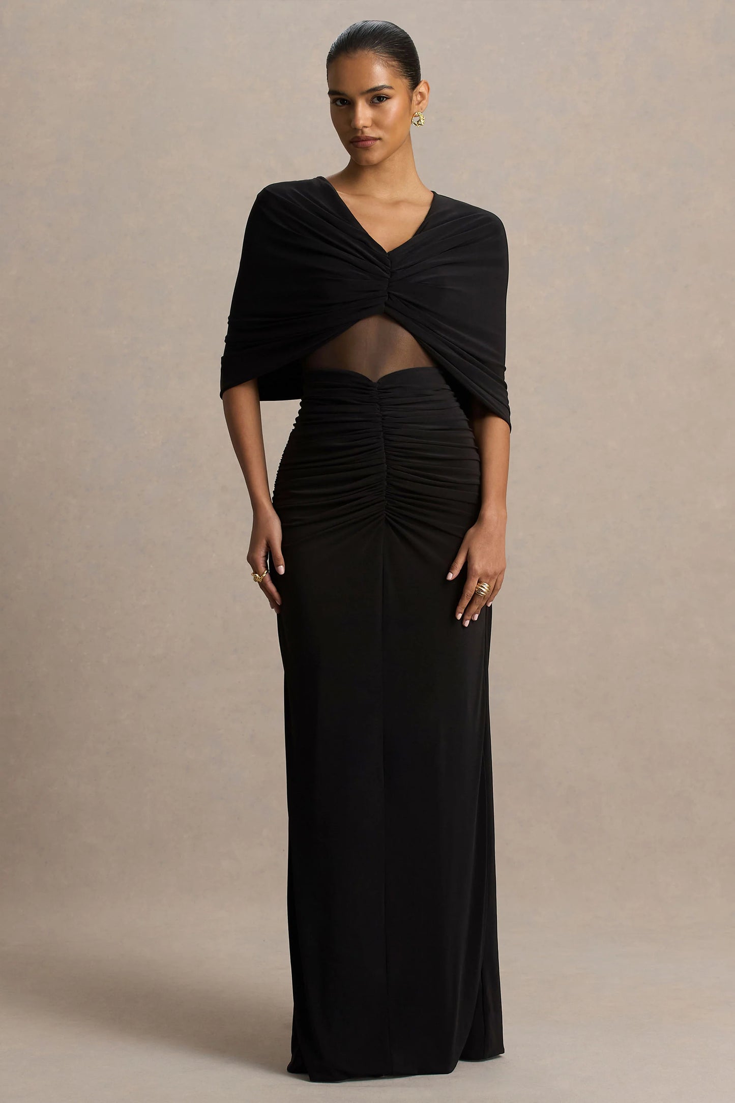 Zinnie Black Cape-Sleeve Maxi Dress With Mesh Panel