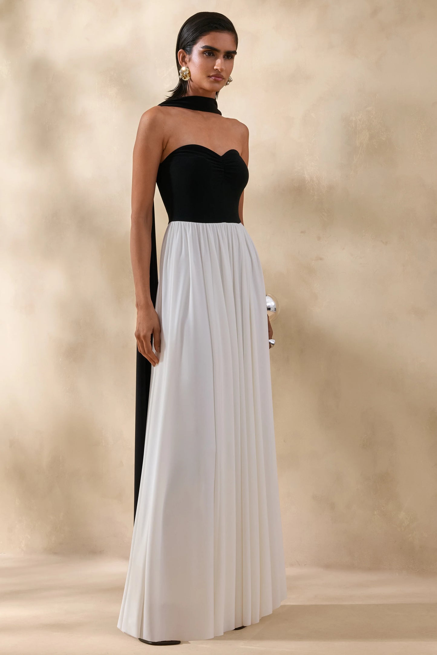 Beamora Black & White Bandeau Maxi Dress With Cape