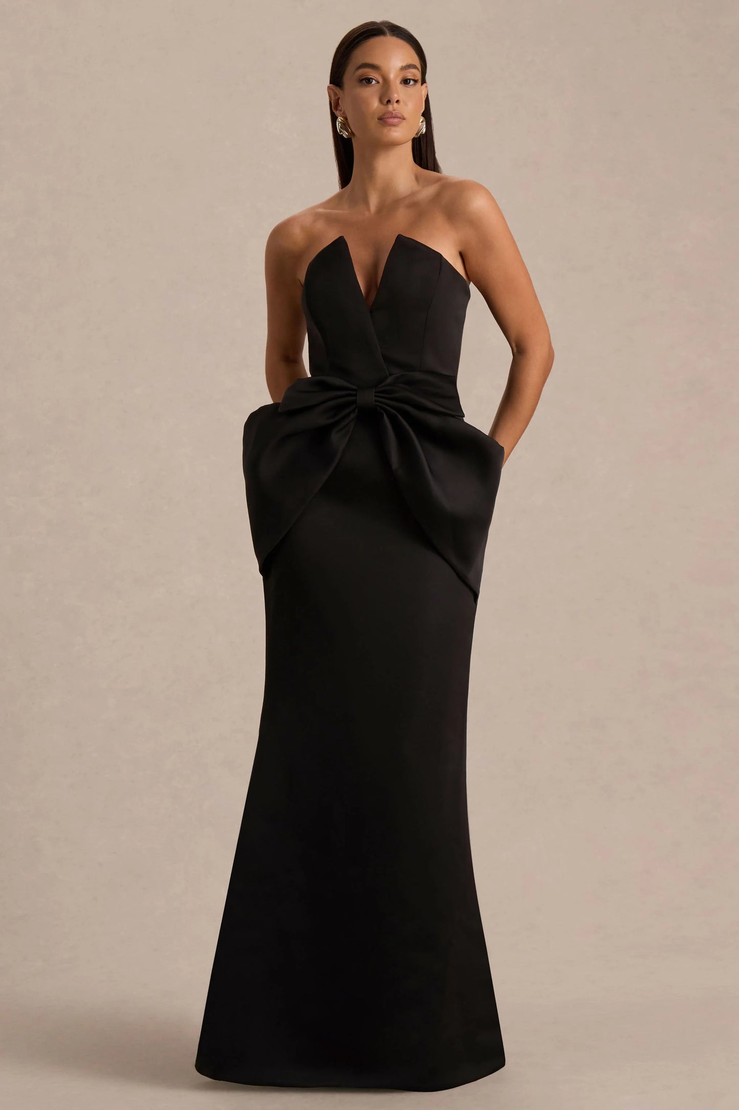 Sonata Black Satin Bandeau Maxi Dress With Bow Detail