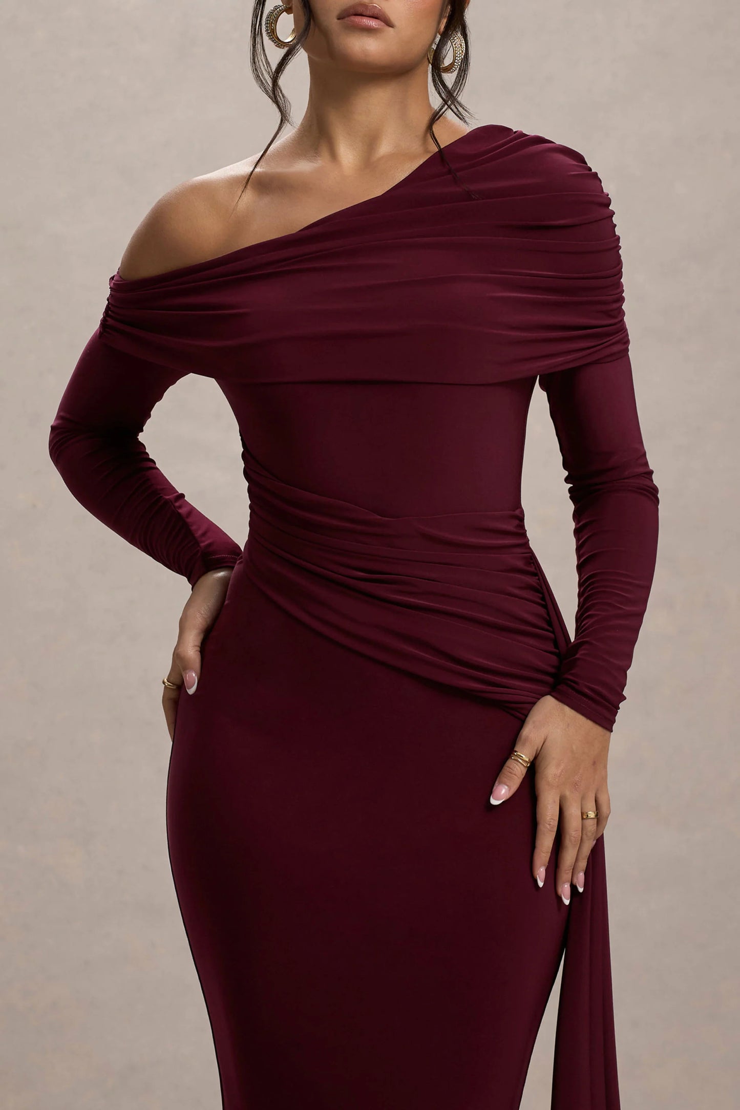 Valina Burgundy Ruched Asymmetric Maxi Dress With Drape