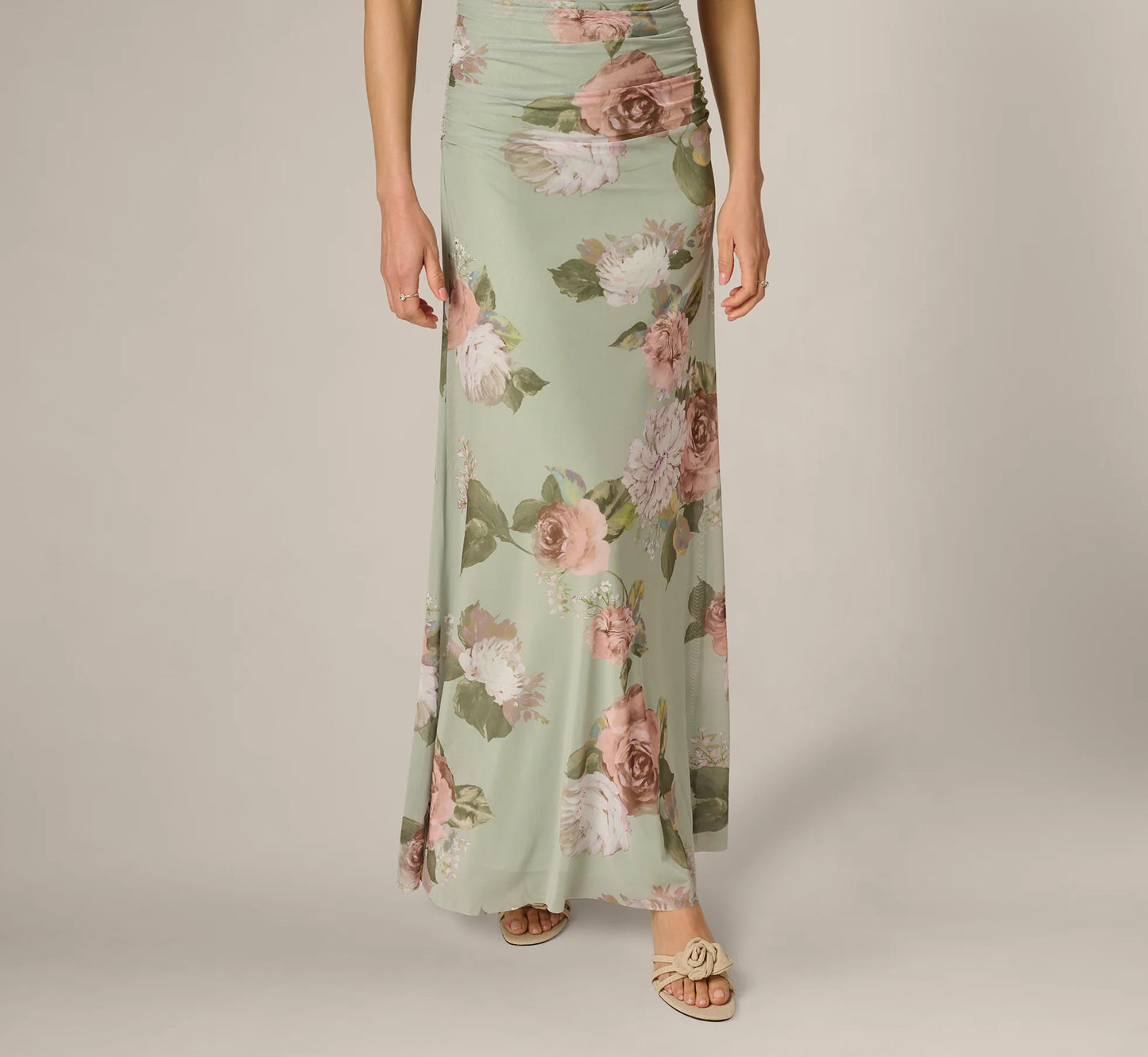 Floral Print Stretch Mesh Ruched Gown In Sage Multi