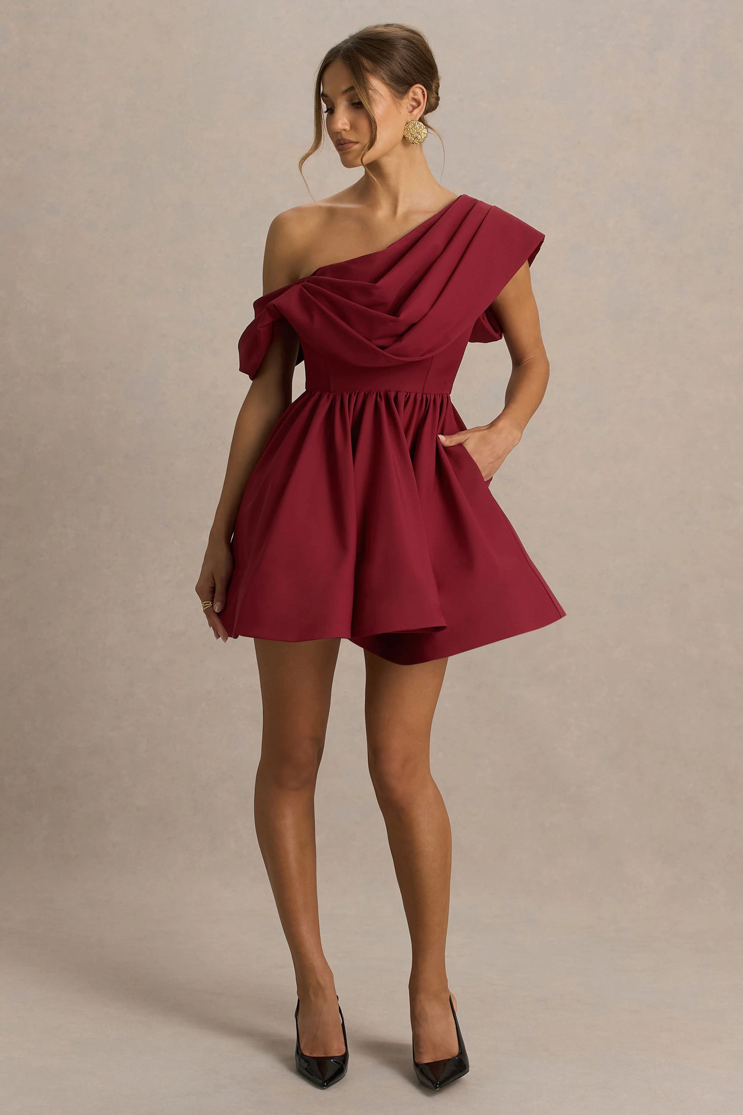 Verona Burgundy Draped Asymmetric-Neck Skater Mini Dress