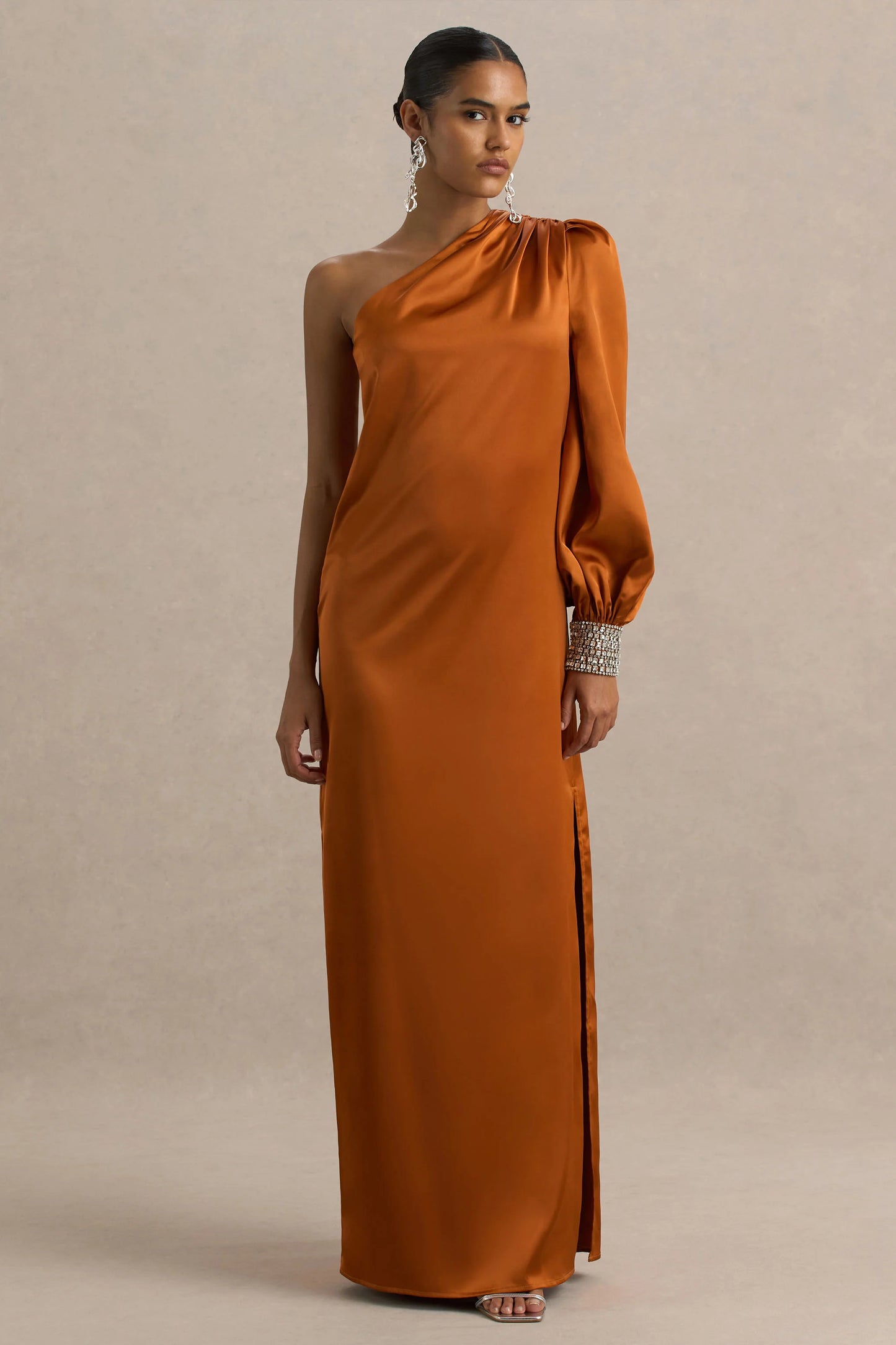 Thelma Orange Satin Asymmetric Maxi Dress With One-Sleeve