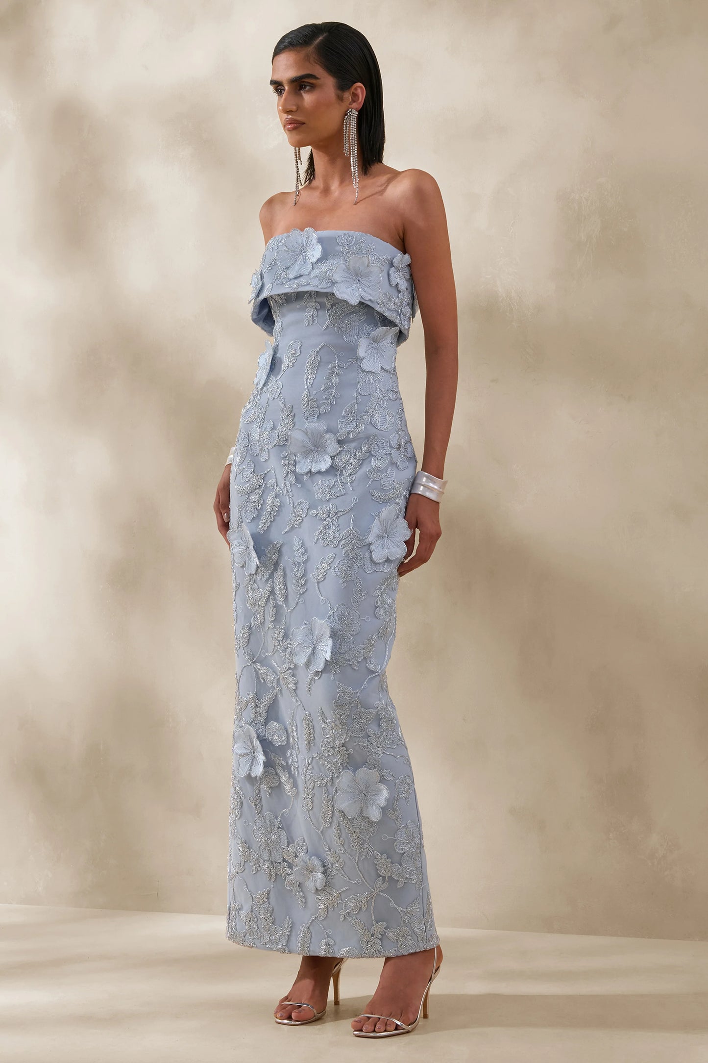 Misha Light Blue 3D Floral Bandeau Maxi Dress