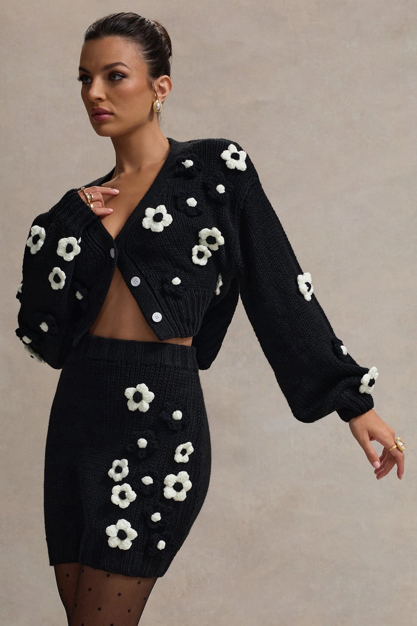 Triomphe Black & White Knit Floral Mini Skirt