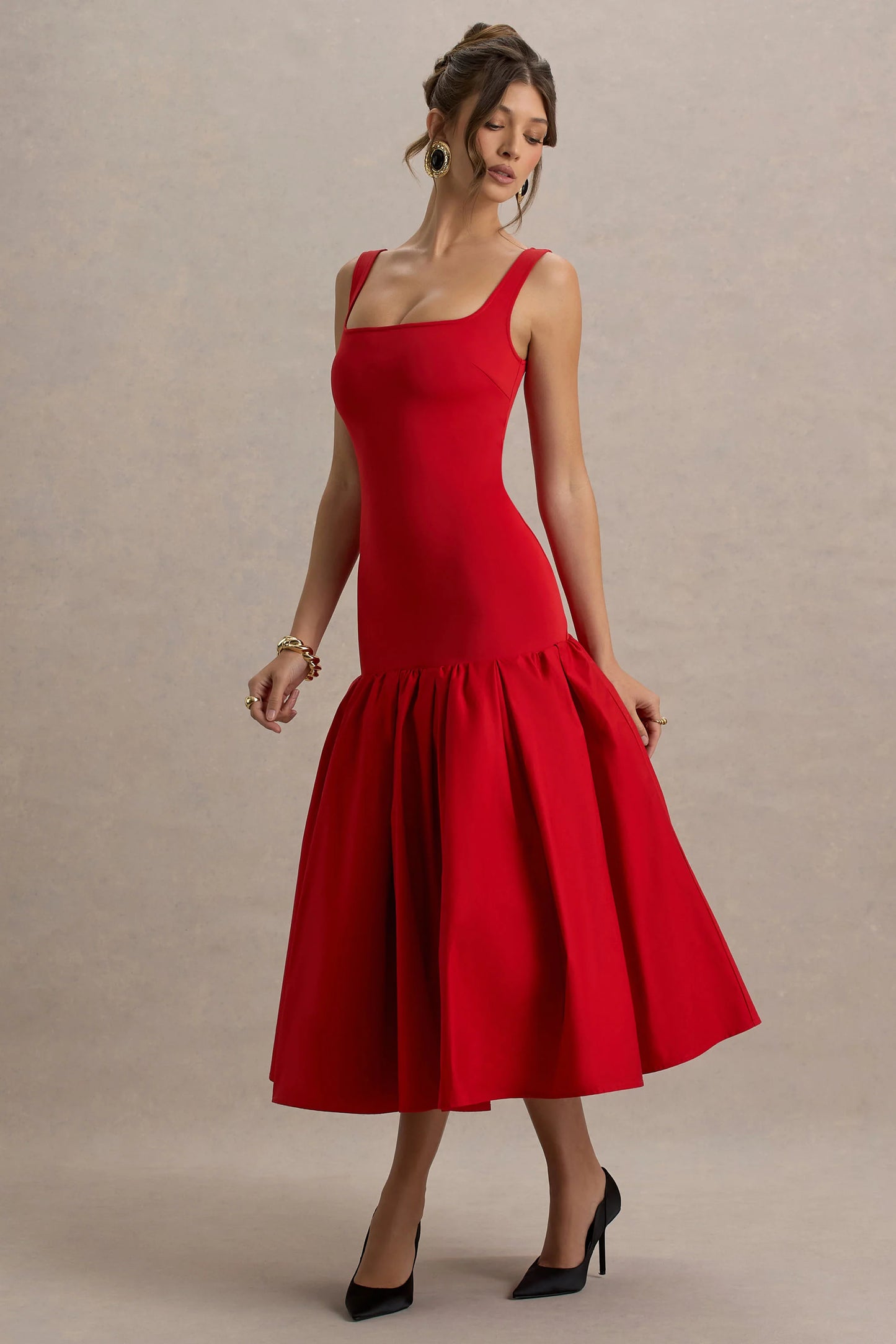 Parida Red Poplin Drop-Waist Midi Dress With Peplum Hem