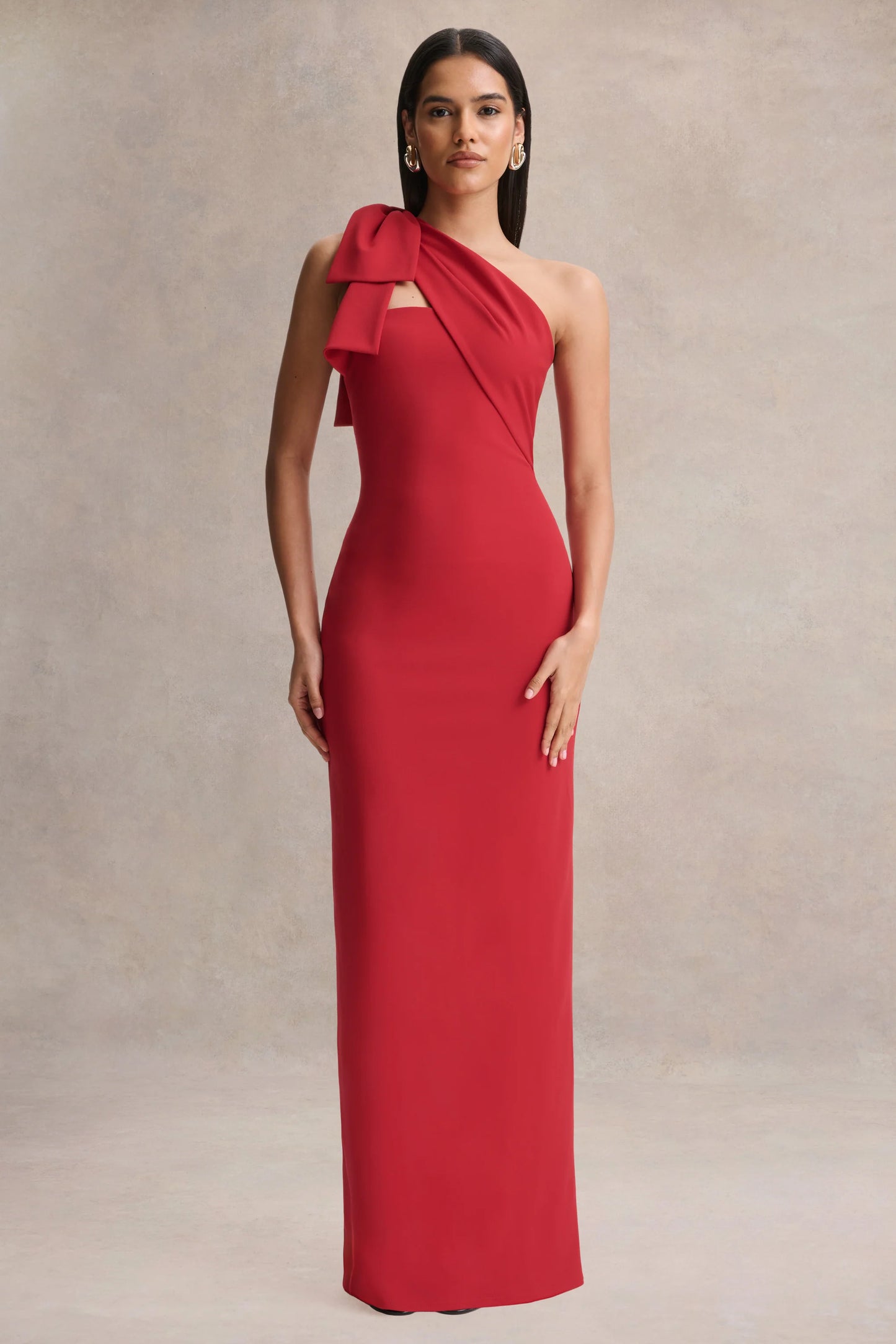 Adara Red Asymmetric-Neck Maxi Dress With Bow-Detail