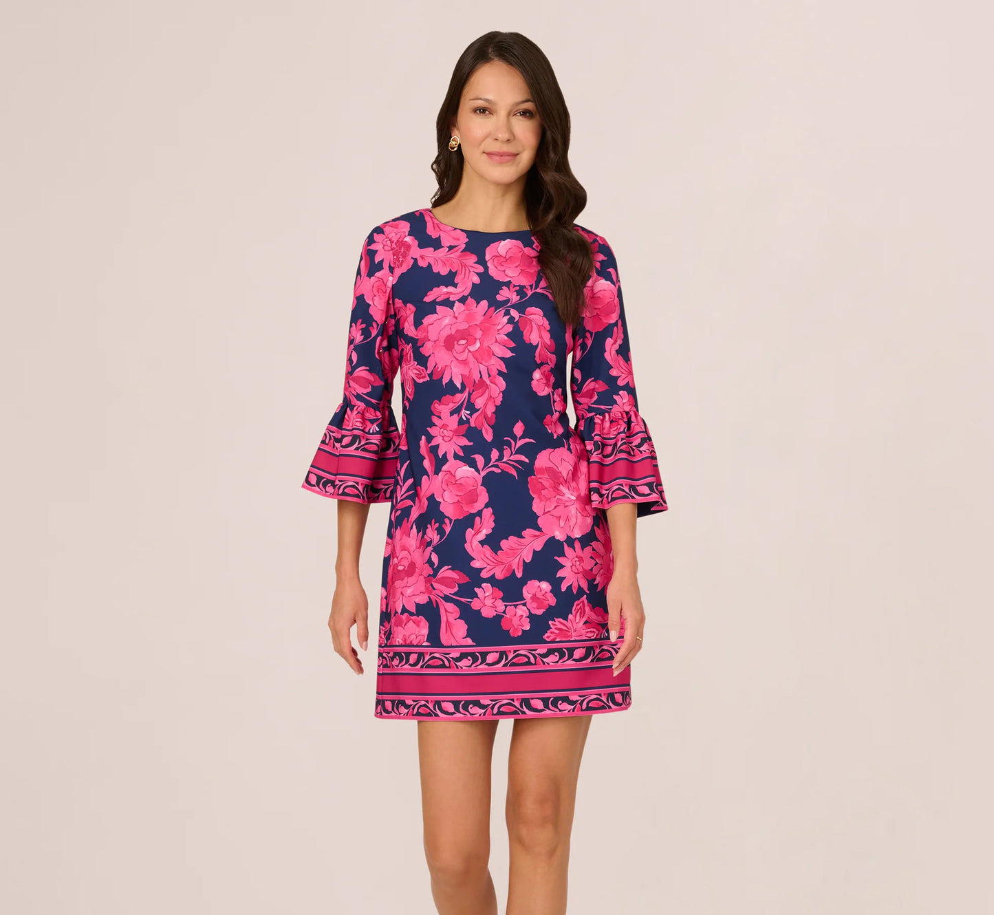 Bell Sleeve Floral Twill Short Dress In Navy Multi