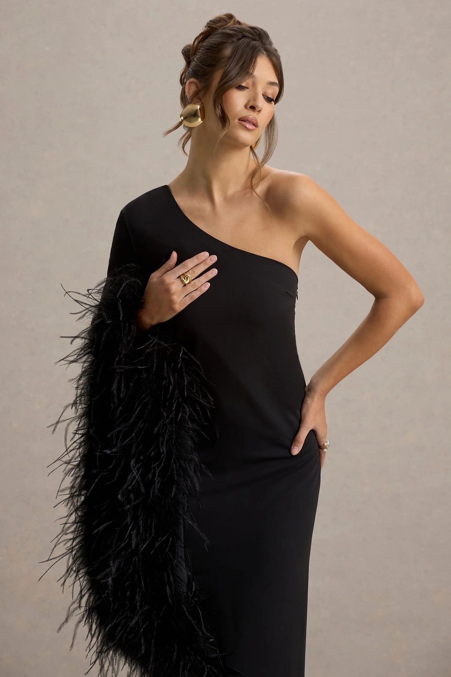 Armina Black One-Shoulder Feather-Trim Maxi Dress