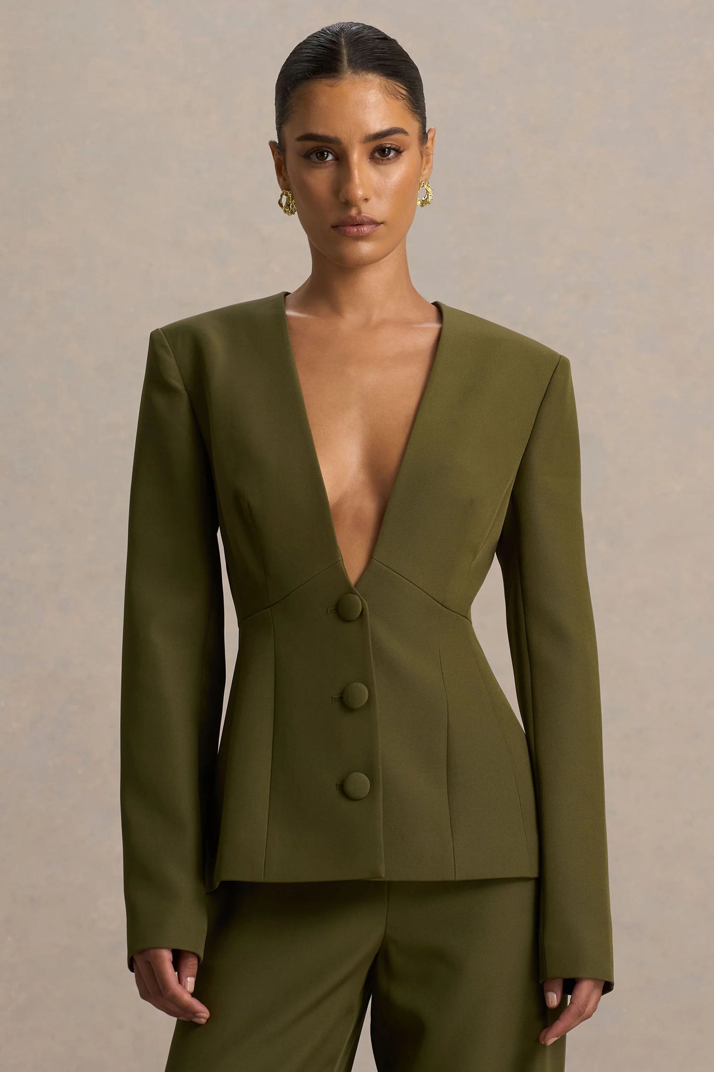 Rosalina Olive Extreme-Plunge Neck Tailored Blazer