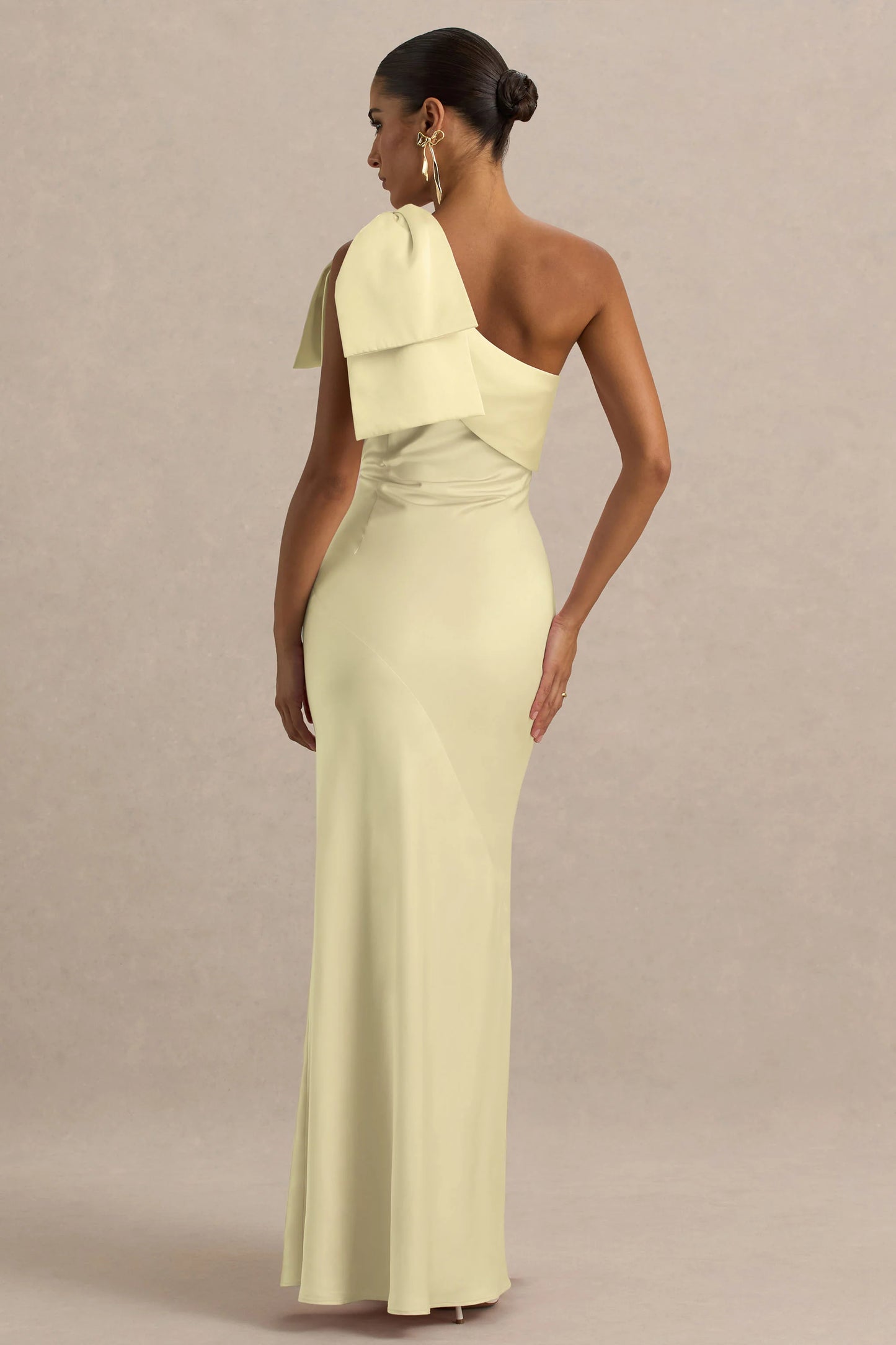 Valerie Lemon Satin Asymmetric-Neck Maxi Dress With Bow Detail